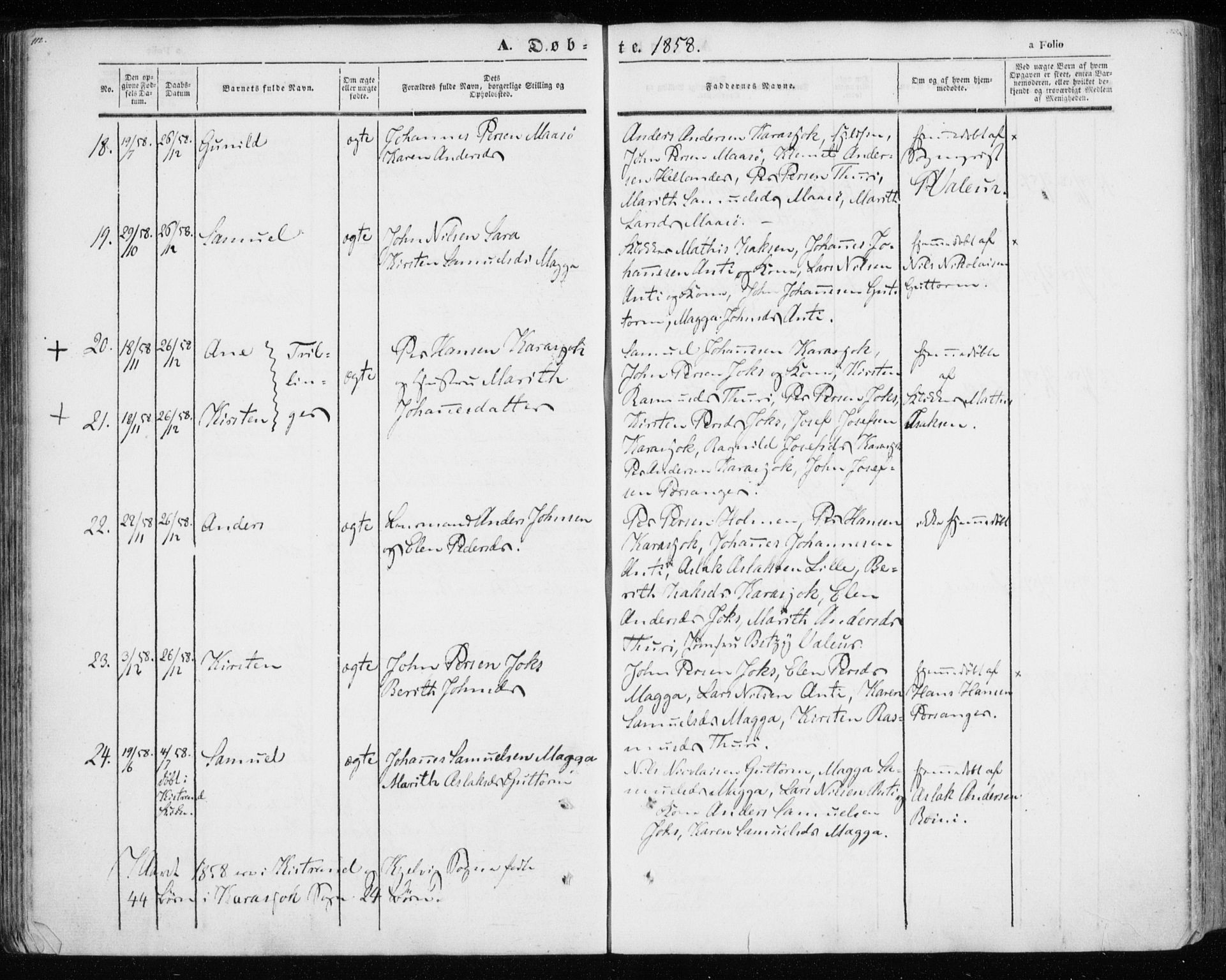 Kistrand/Porsanger sokneprestembete, AV/SATØ-S-1351/H/Ha/L0012.kirke: Ministerialbok nr. 12, 1843-1871, s. 112-113