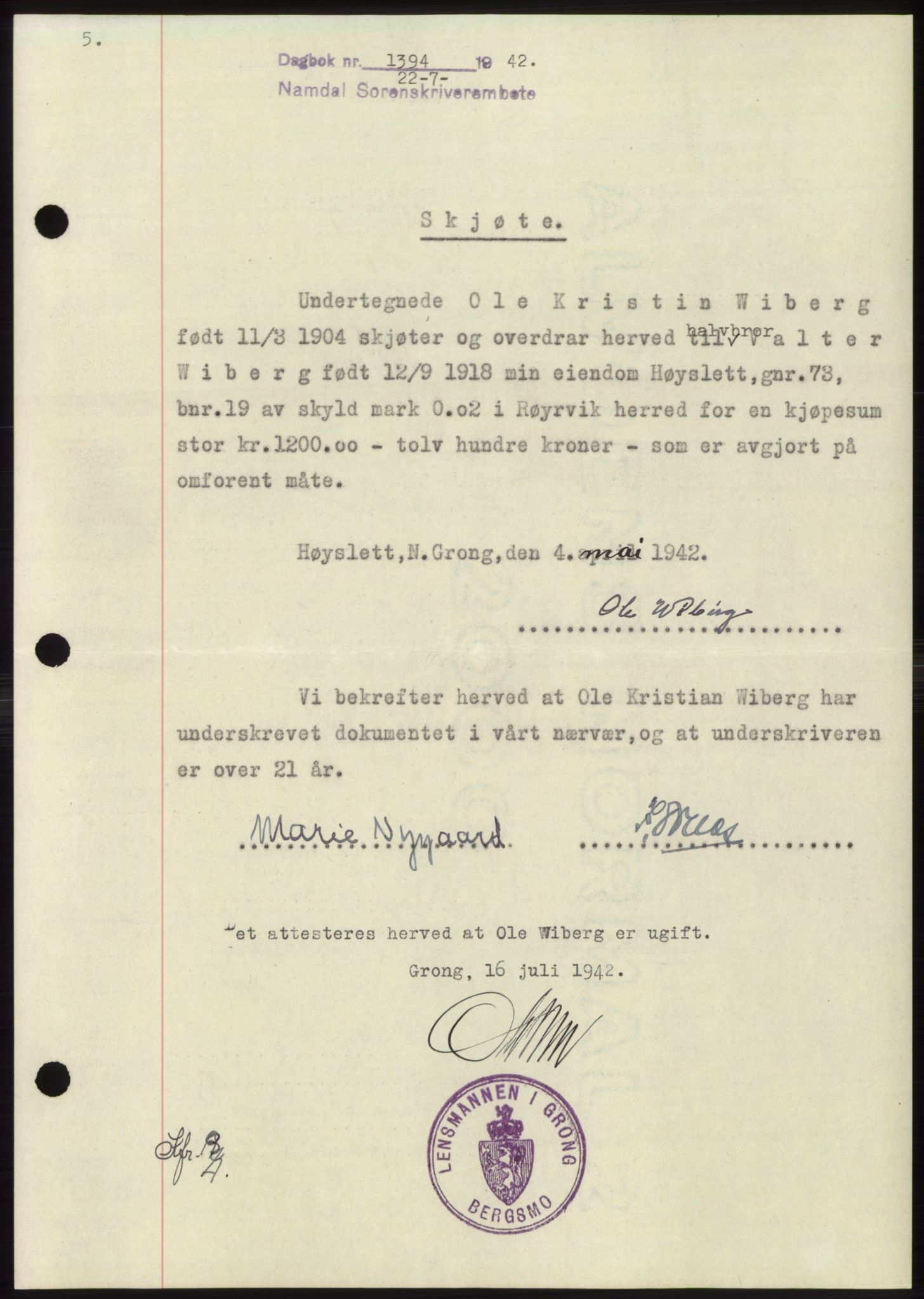 Namdal sorenskriveri, SAT/A-4133/1/2/2C: Pantebok nr. -, 1942-1943, Dagboknr: 1394/1942