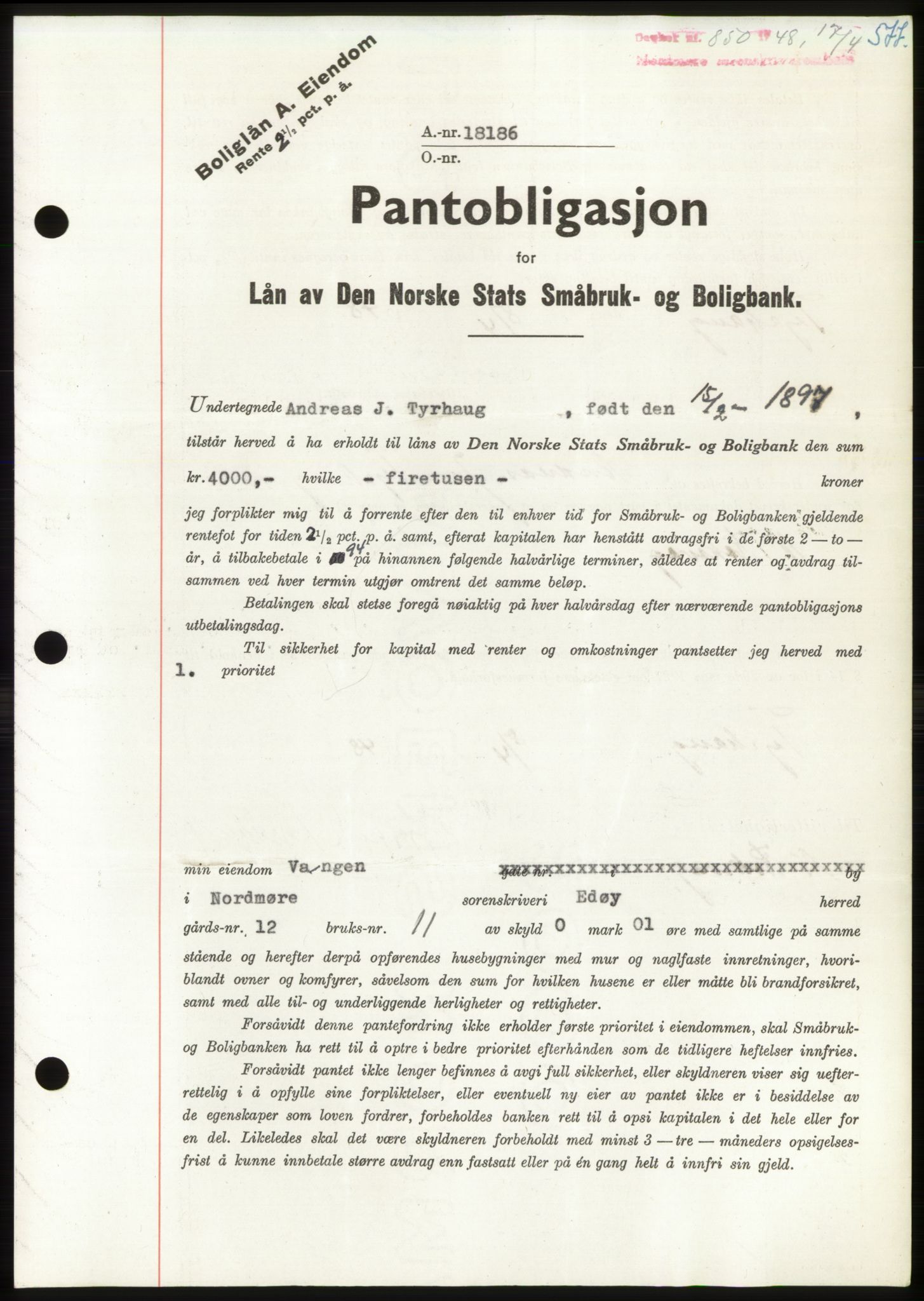 Nordmøre sorenskriveri, SAT/A-4132/1/2/2Ca: Pantebok nr. B98, 1948-1948, Dagboknr: 850/1948