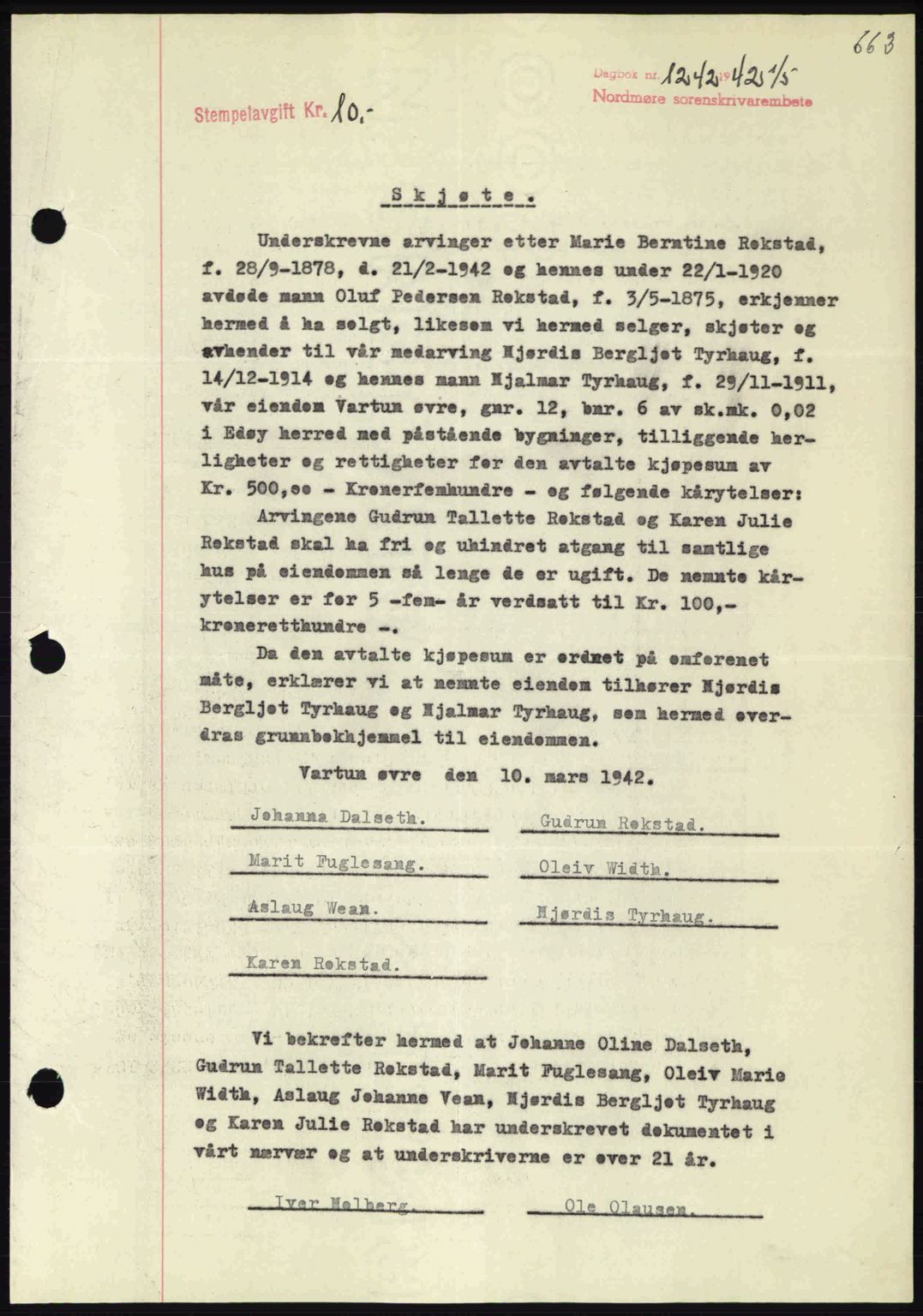 Nordmøre sorenskriveri, SAT/A-4132/1/2/2Ca: Pantebok nr. A92, 1942-1942, Dagboknr: 1242/1942
