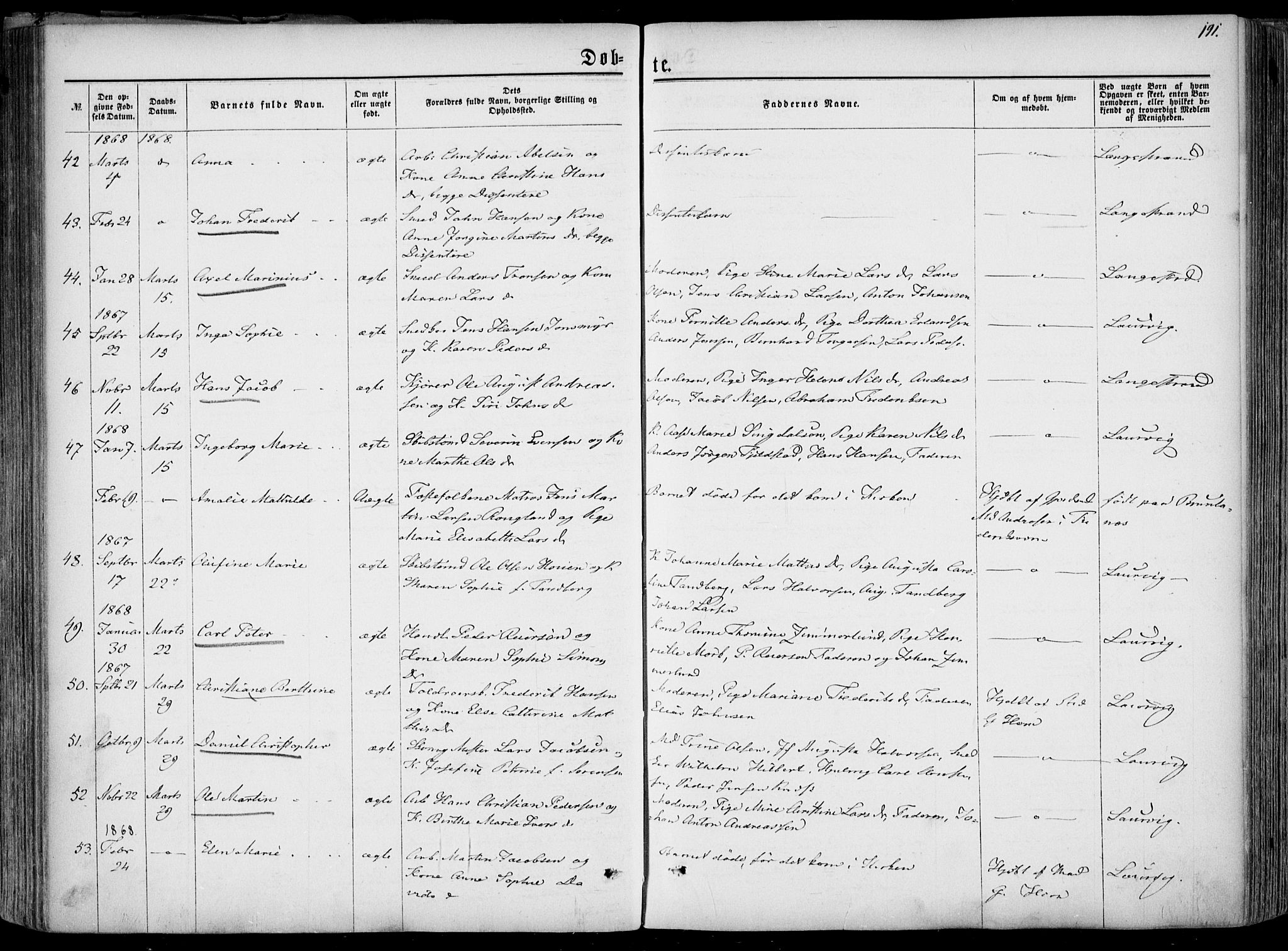 Larvik kirkebøker, AV/SAKO-A-352/F/Fa/L0004: Ministerialbok nr. I 4, 1856-1870, s. 191