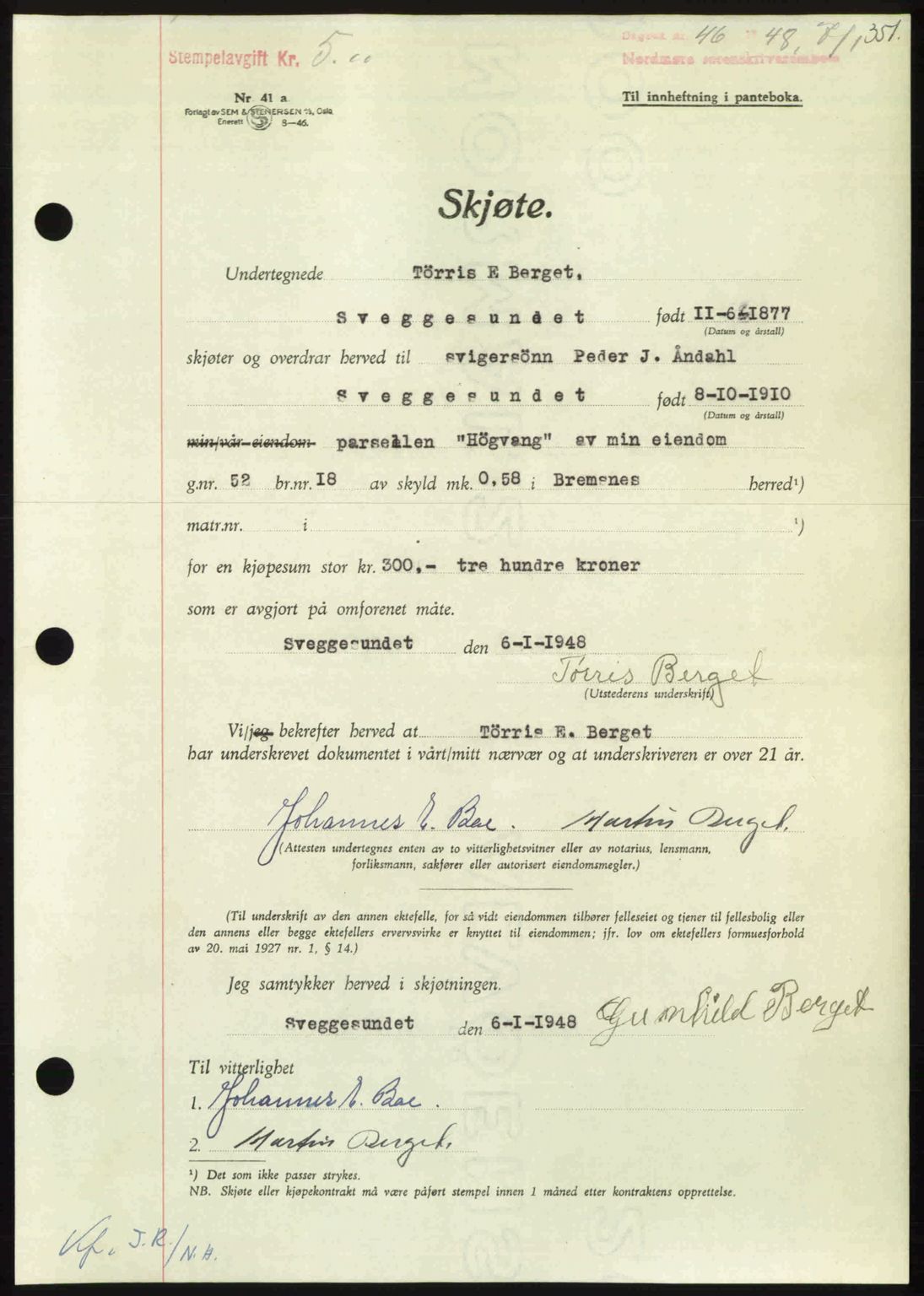 Nordmøre sorenskriveri, AV/SAT-A-4132/1/2/2Ca: Pantebok nr. A107, 1947-1948, Dagboknr: 46/1948