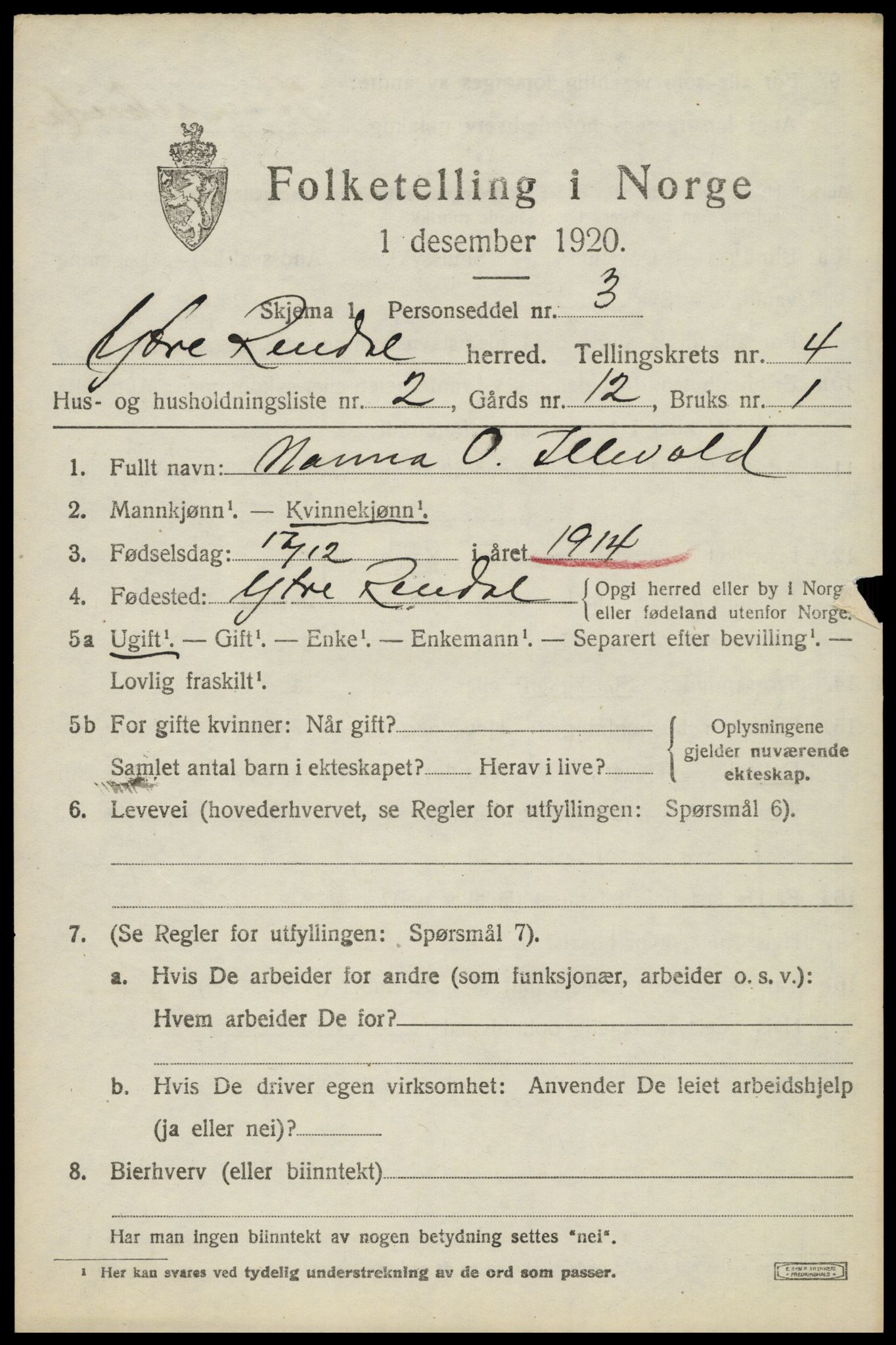 SAH, Folketelling 1920 for 0432 Ytre Rendal herred, 1920, s. 2073