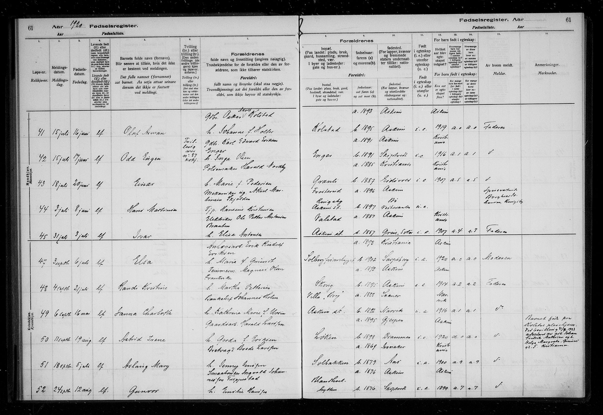 Askim prestekontor Kirkebøker, AV/SAO-A-10900/J/Ja/L0001: Fødselsregister nr. 1, 1916-1929, s. 61