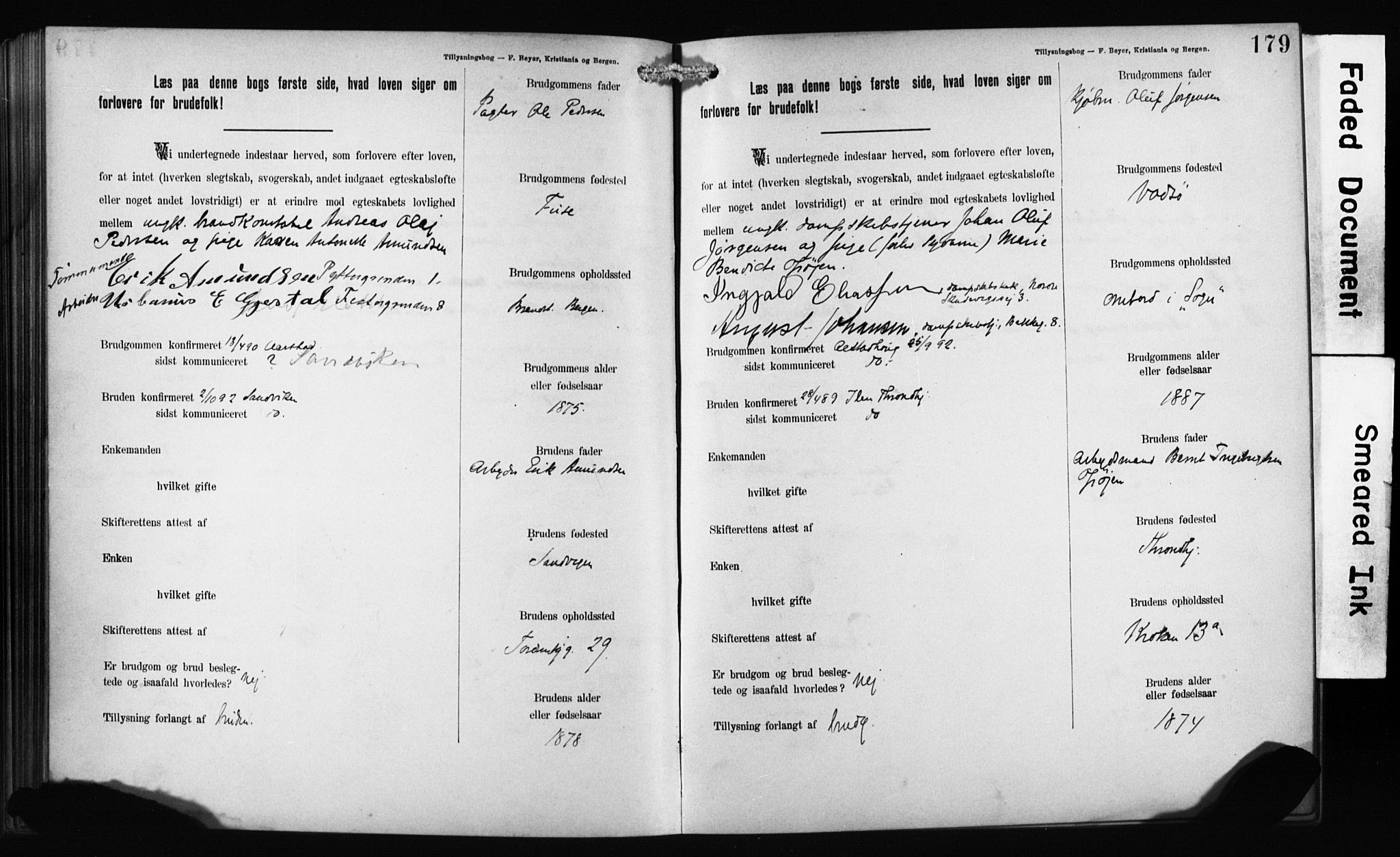 Mariakirken Sokneprestembete, SAB/A-76901: Forlovererklæringer nr. II.5.1, 1891-1901, s. 179