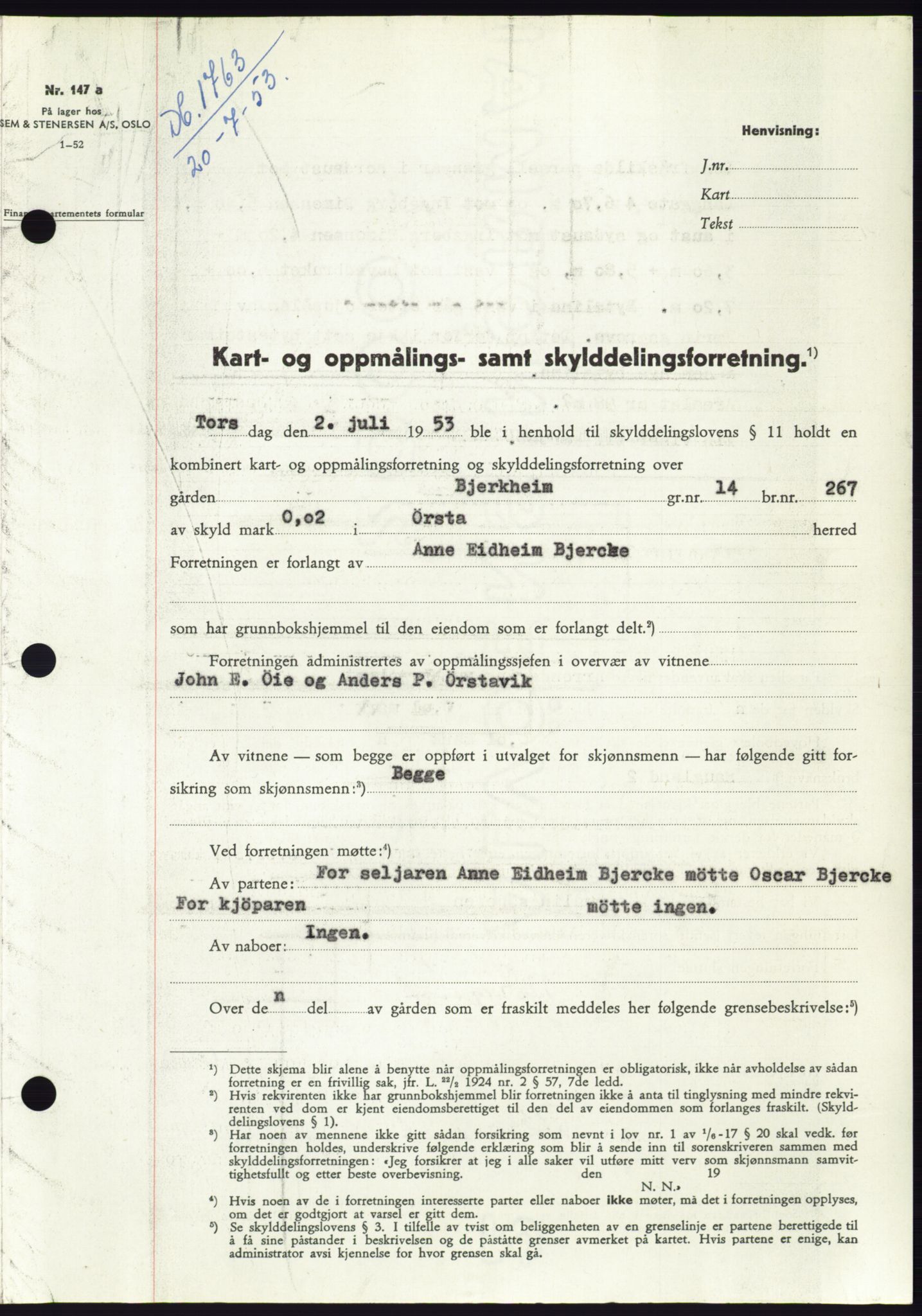 Søre Sunnmøre sorenskriveri, AV/SAT-A-4122/1/2/2C/L0095: Pantebok nr. 21A, 1953-1953, Dagboknr: 1763/1953