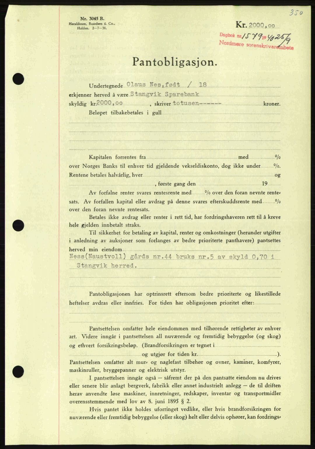 Nordmøre sorenskriveri, AV/SAT-A-4132/1/2/2Ca: Pantebok nr. B87, 1940-1941, Dagboknr: 1579/1940