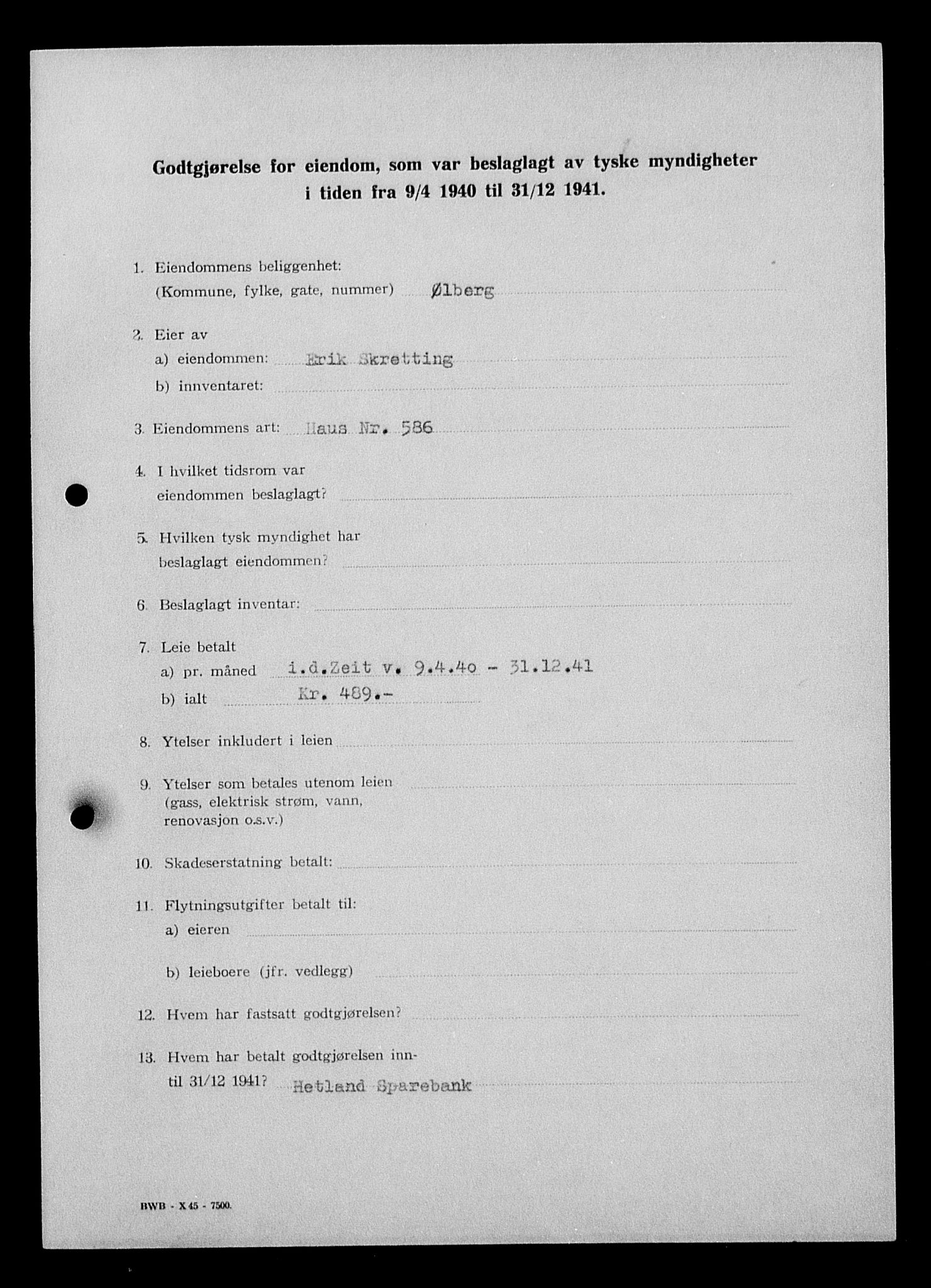 Justisdepartementet, Tilbakeføringskontoret for inndratte formuer, AV/RA-S-1564/I/L1015: Godtgjørelse for beslaglagt eiendom, 1940-1941, s. 183