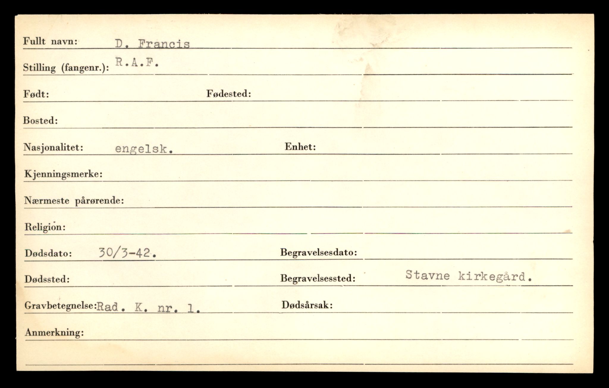 Distriktskontoret for krigsgraver, AV/SAT-A-5030/E/L0005: Kasett/kartotek over falne Britiske og tyske solater, samt andre nasjoners krigsgraver, 1945, s. 1989