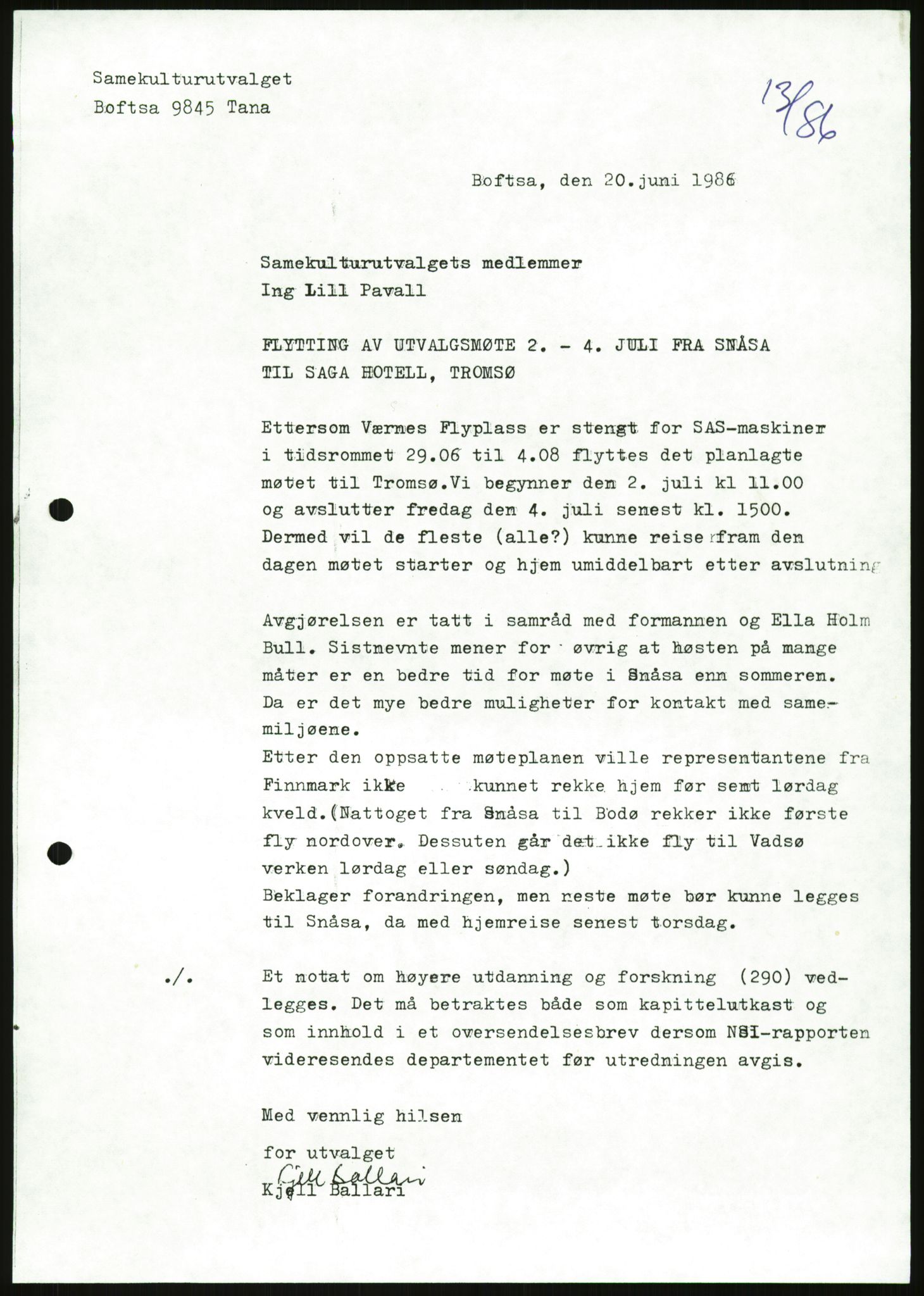 Kirke- og undervisningsdepartementet, Samekulturutvalget, AV/RA-S-2905/D/L0002: Utgående brev. Register til disse, 1981-1987, s. 25