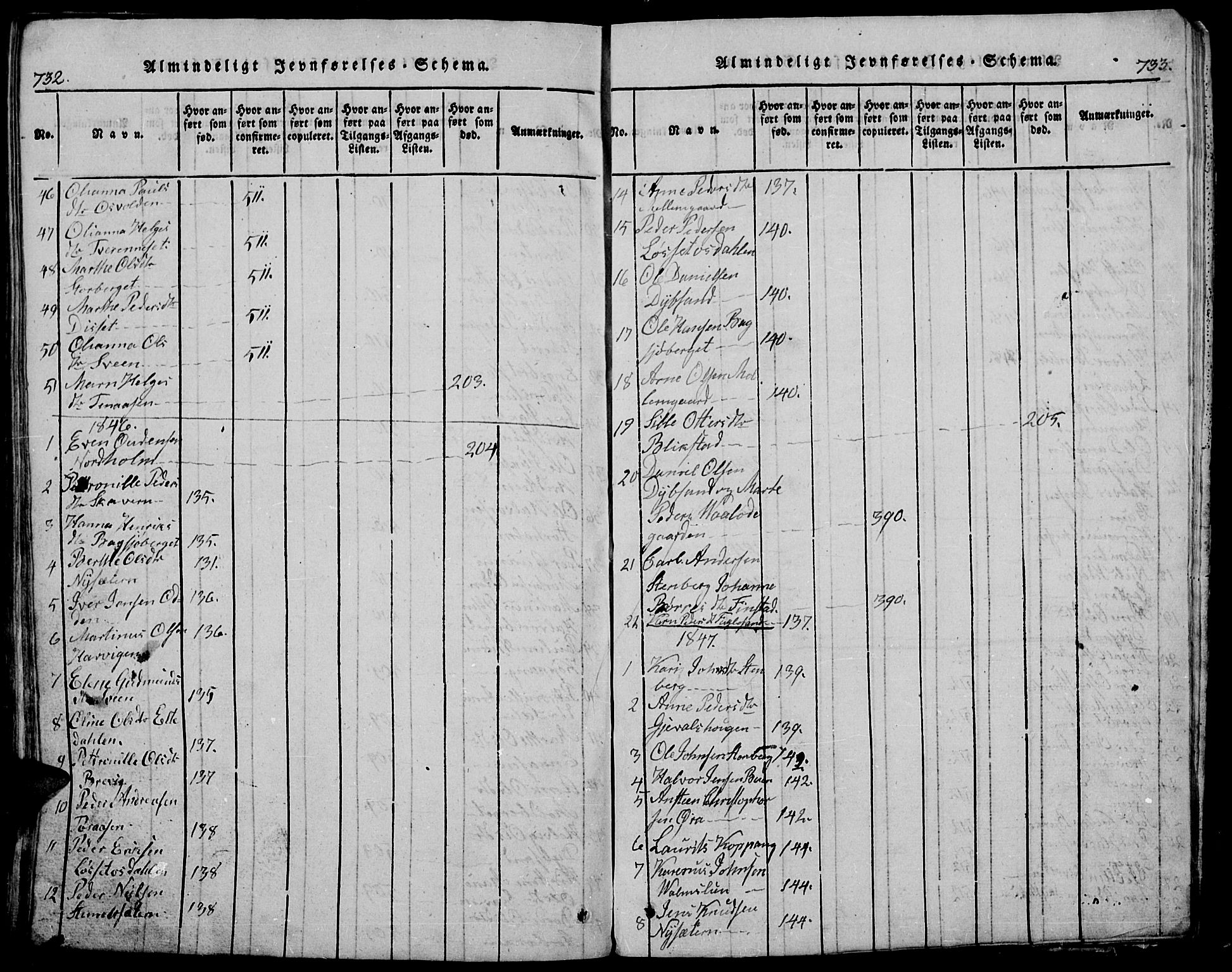 Trysil prestekontor, SAH/PREST-046/H/Ha/Hab/L0005: Klokkerbok nr. 5, 1814-1877, s. 732-733