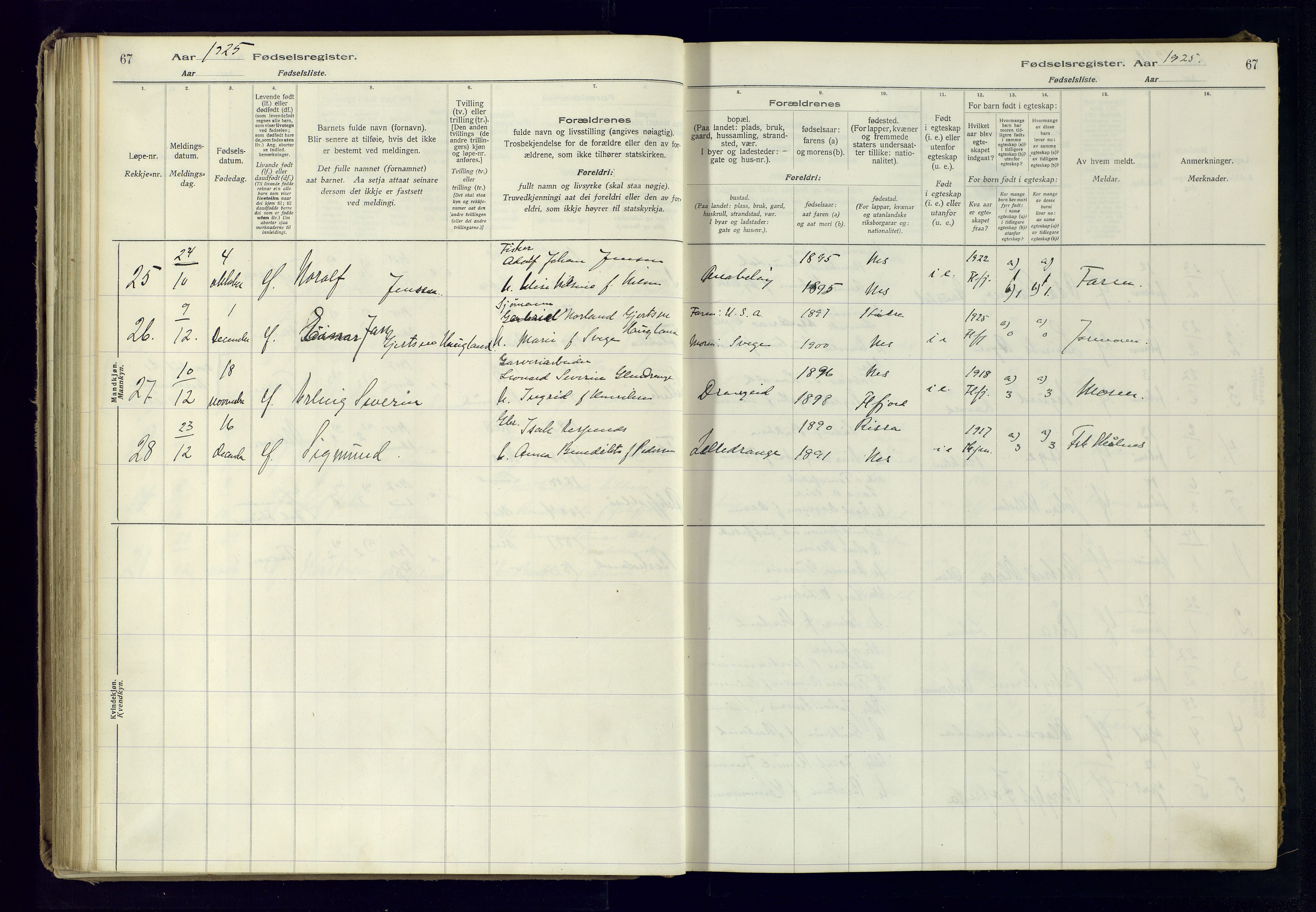 Flekkefjord sokneprestkontor, AV/SAK-1111-0012/J/Ja/L0005: Fødselsregister nr. 5, 1916-1950, s. 67