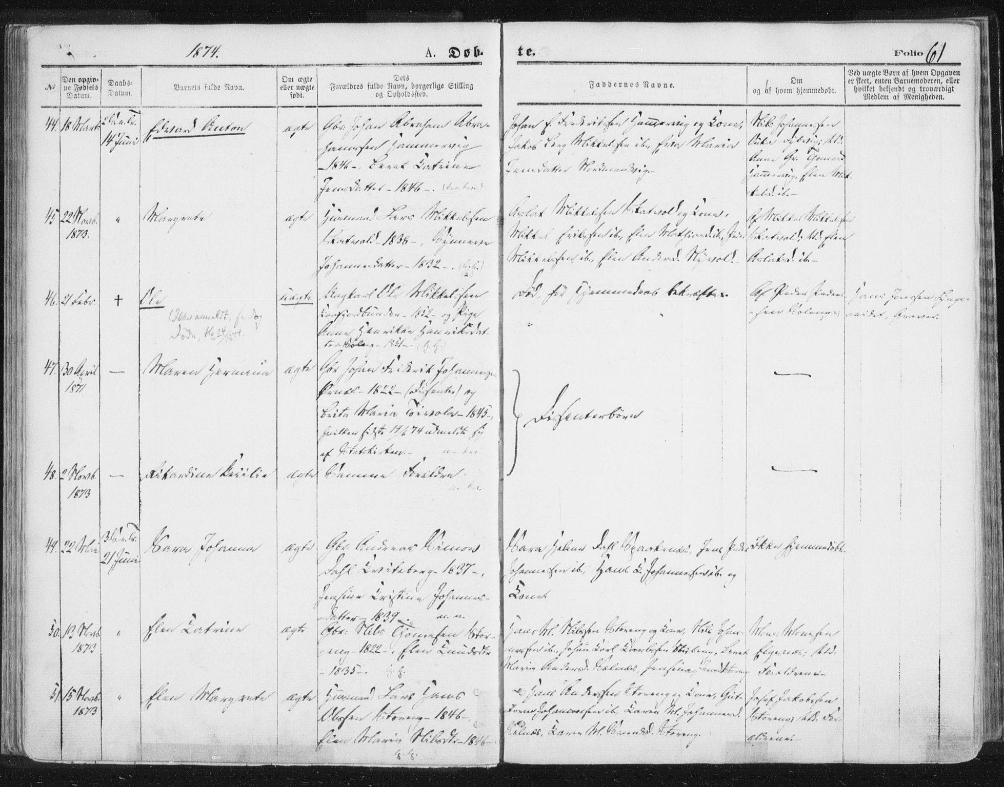 Lyngen sokneprestembete, AV/SATØ-S-1289/H/He/Hea/L0006kirke: Ministerialbok nr. 6, 1870-1878, s. 61