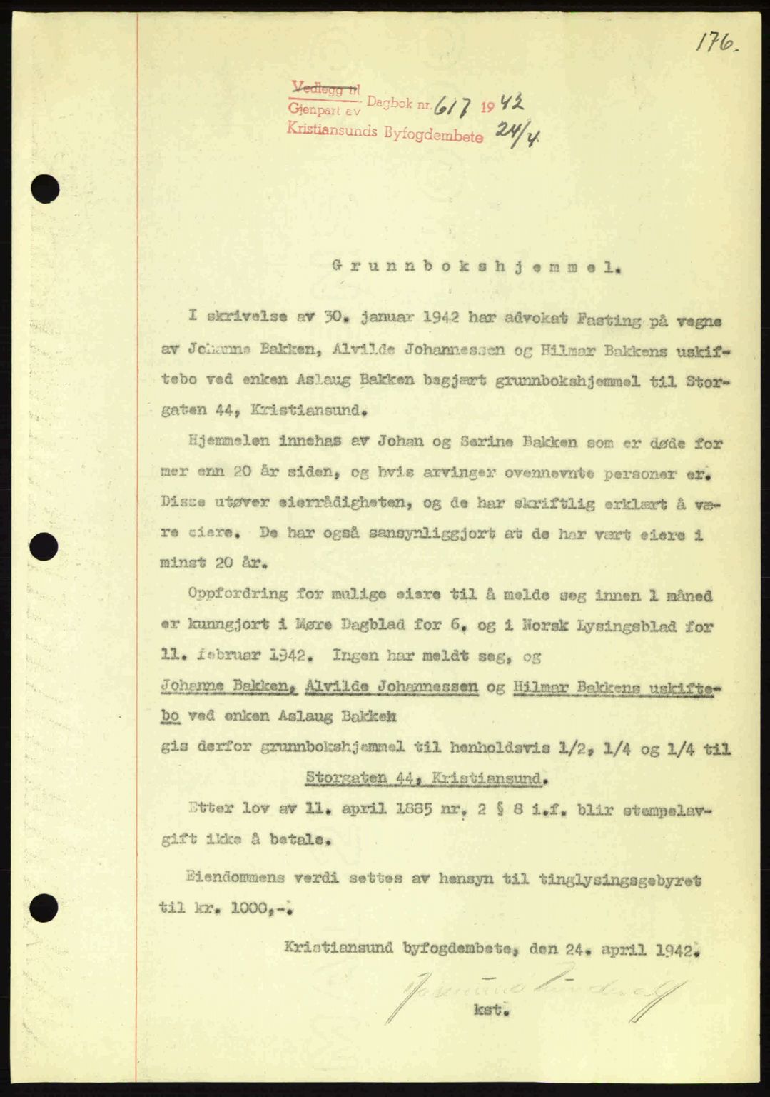 Kristiansund byfogd, AV/SAT-A-4587/A/27: Pantebok nr. 34, 1941-1945, Dagboknr: 617/1942