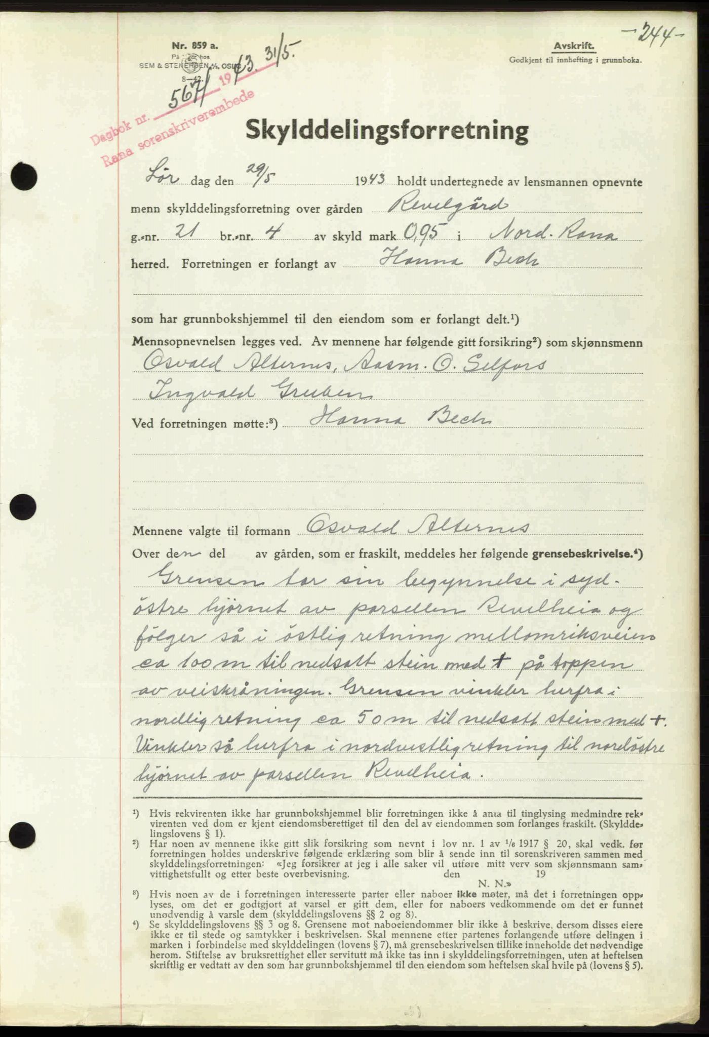 Rana sorenskriveri , SAT/A-1108/1/2/2C: Pantebok nr. A 10, 1942-1943, Dagboknr: 567/1943