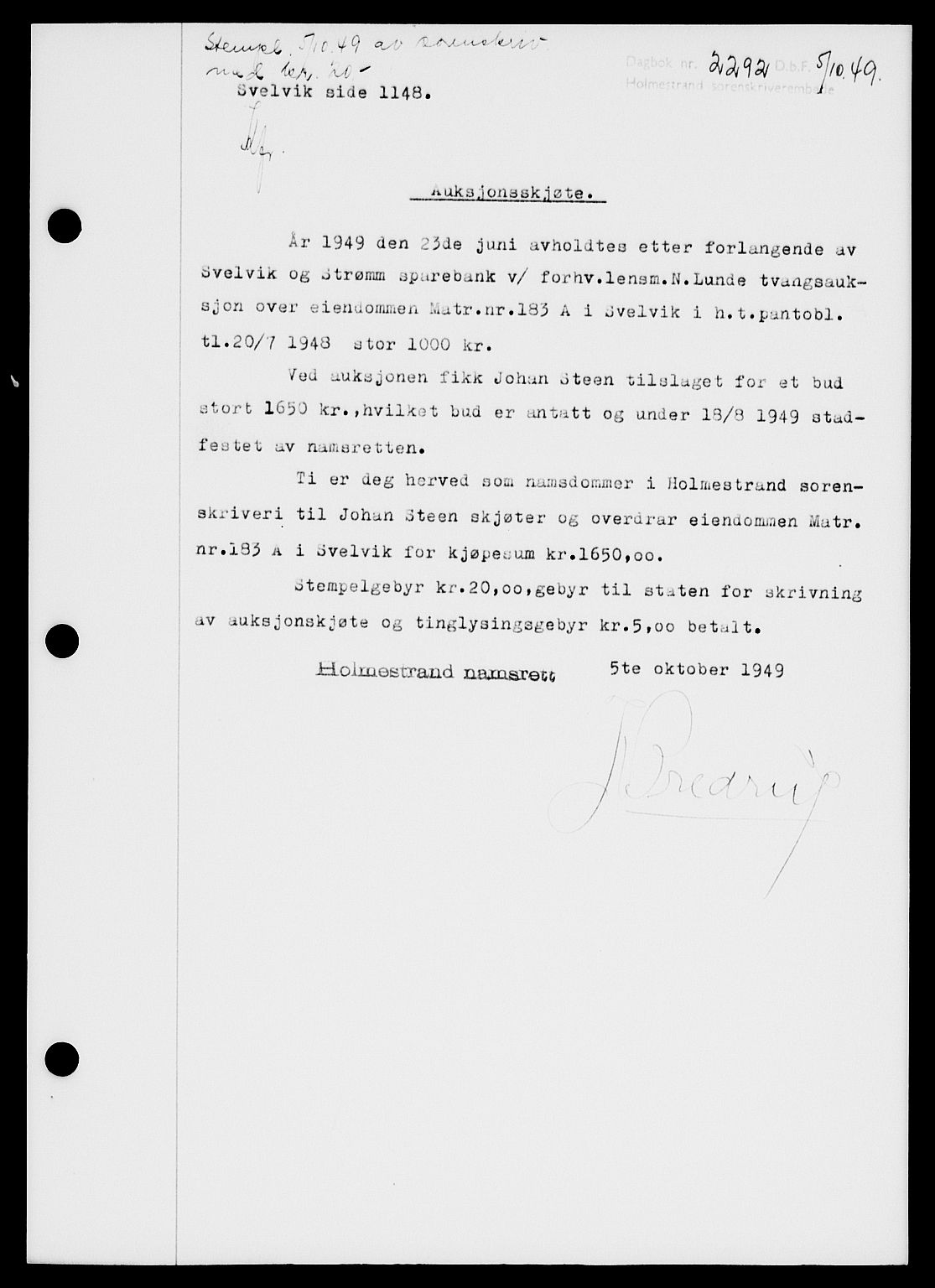 Holmestrand sorenskriveri, SAKO/A-67/G/Ga/Gaa/L0067: Pantebok nr. A-67, 1949-1949, Dagboknr: 2292/1949