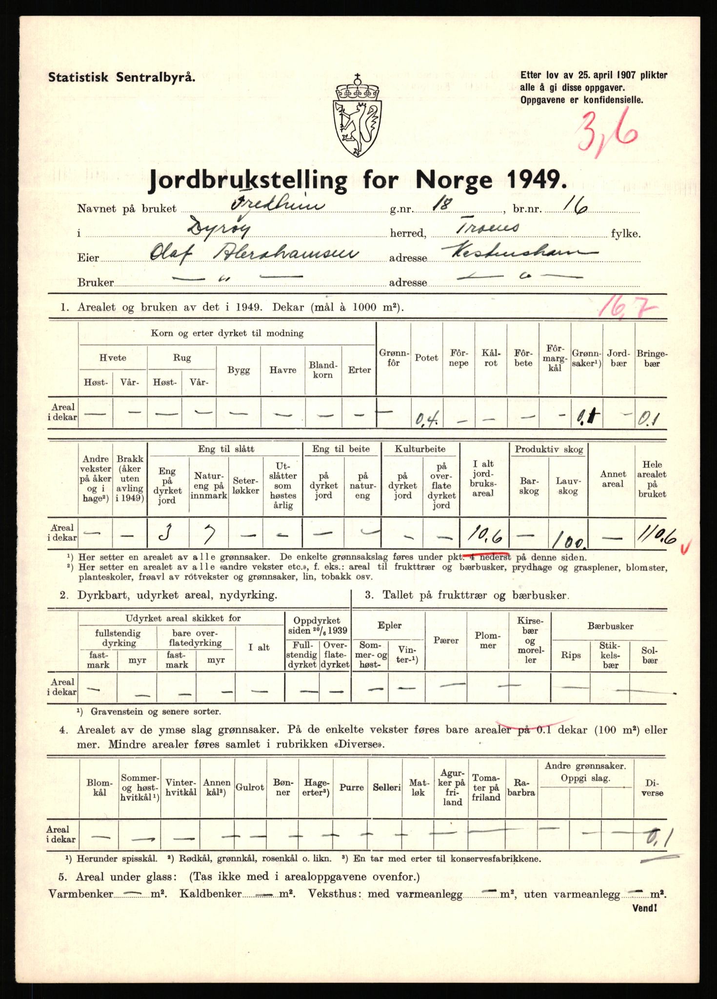 Statistisk sentralbyrå, Næringsøkonomiske emner, Jordbruk, skogbruk, jakt, fiske og fangst, AV/RA-S-2234/G/Gc/L0440: Troms: Sørreisa og Dyrøy, 1949, s. 1011