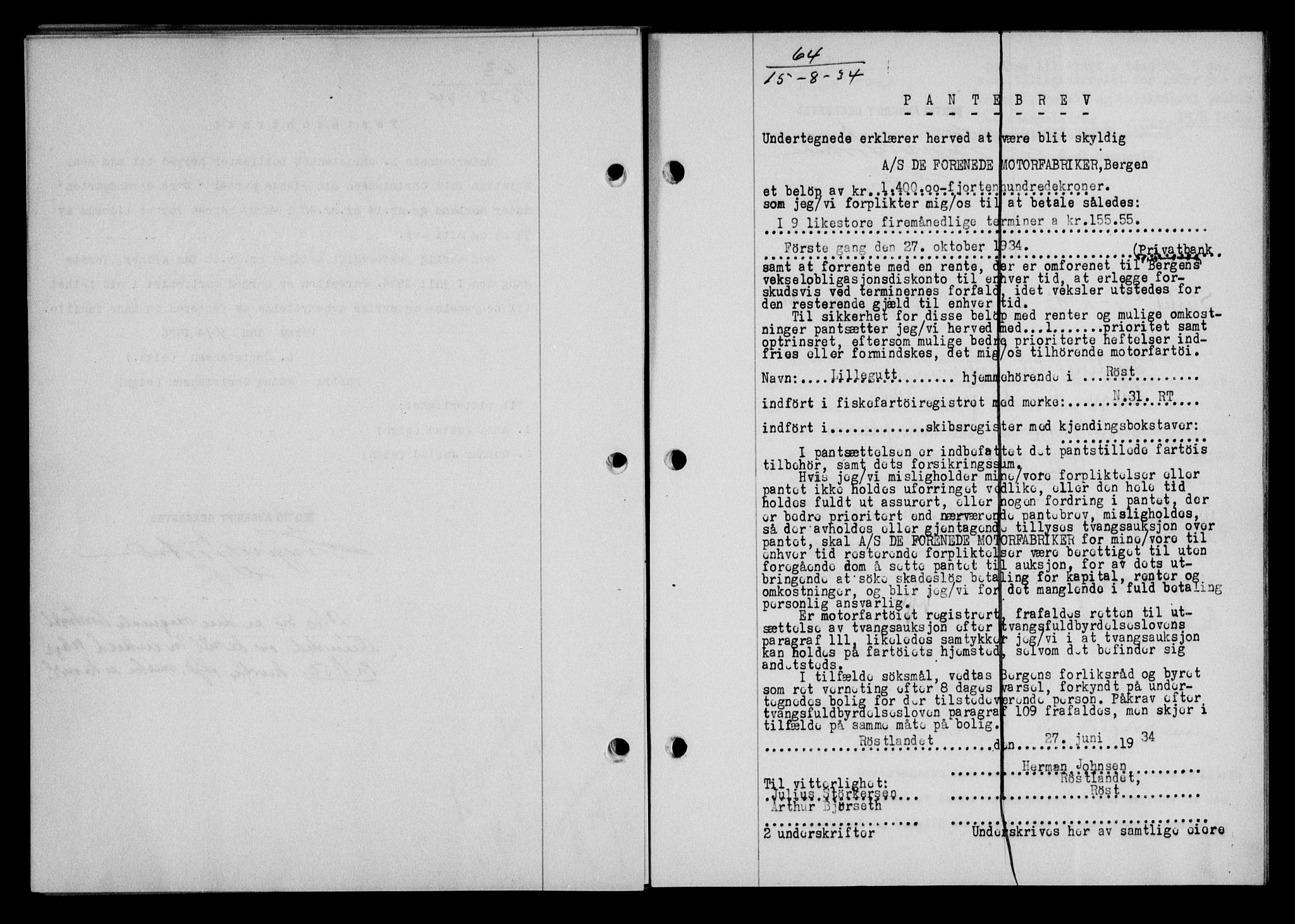 Lofoten sorenskriveri, AV/SAT-A-0017/1/2/2C/L0030b: Pantebok nr. 30b, 1934-1934, Tingl.dato: 15.08.1934