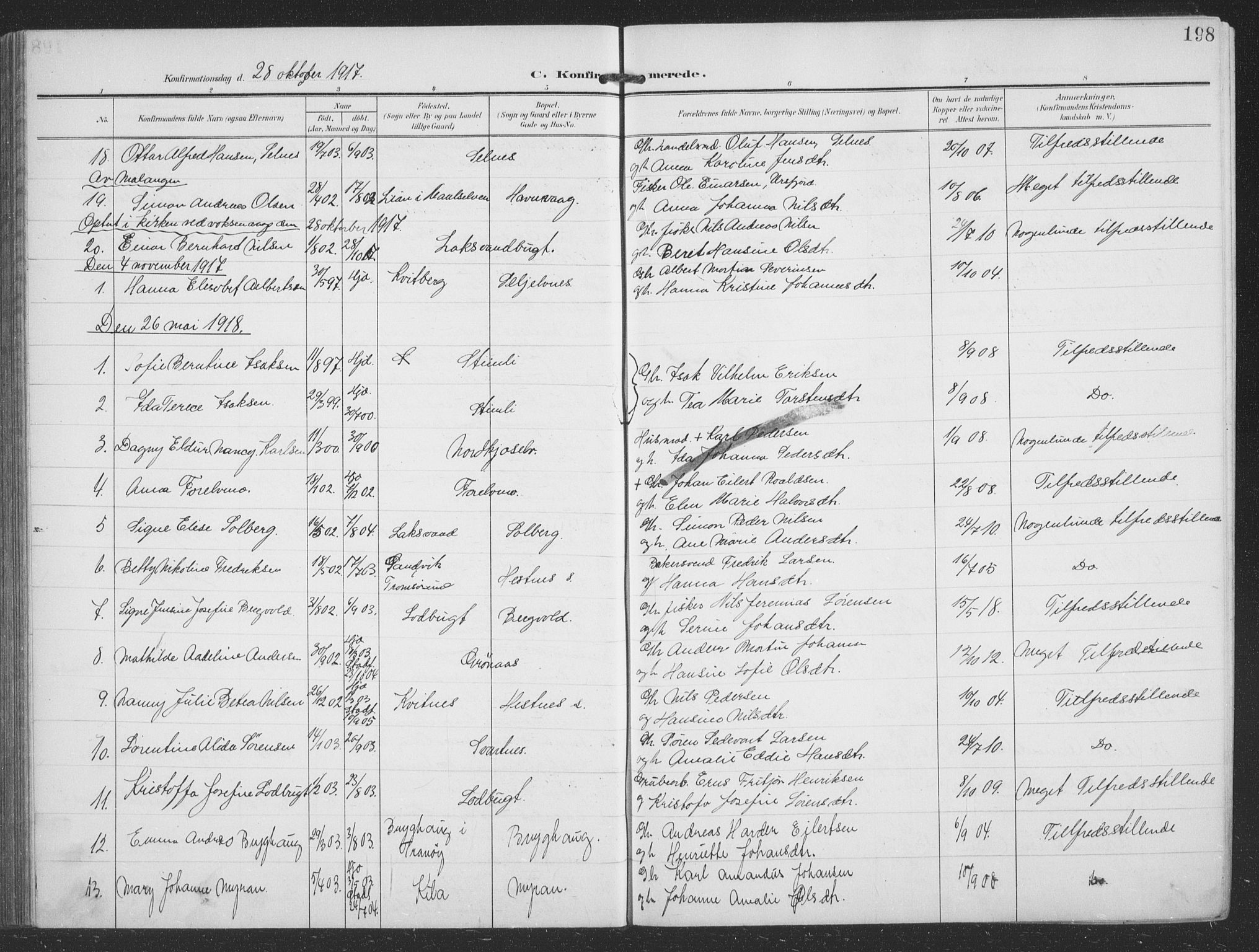 Balsfjord sokneprestembete, AV/SATØ-S-1303/G/Gab/L0009klokker: Klokkerbok nr. 9, 1906-1920, s. 198