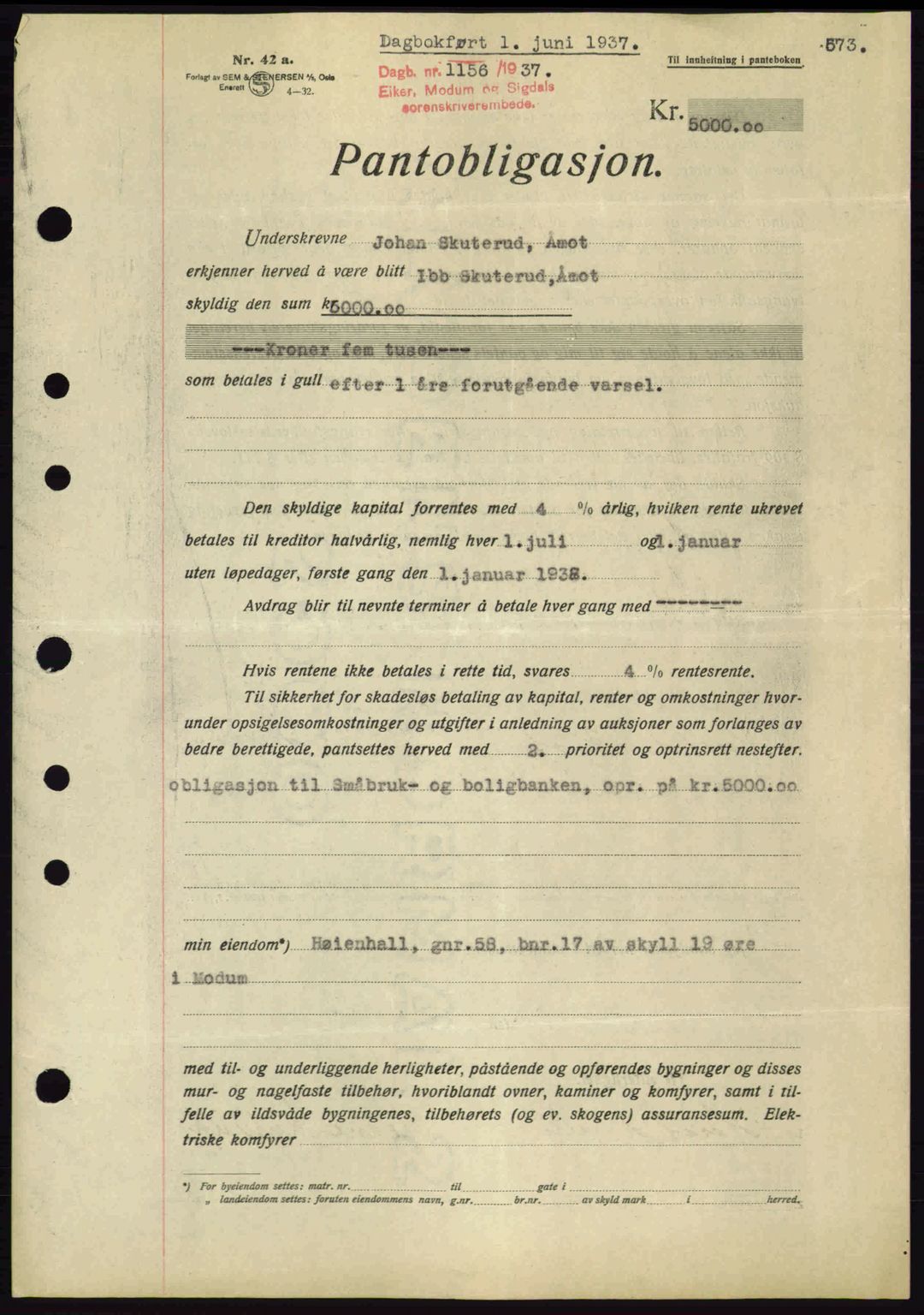Eiker, Modum og Sigdal sorenskriveri, SAKO/A-123/G/Ga/Gab/L0035: Pantebok nr. A5, 1937-1937, Dagboknr: 1156/1937