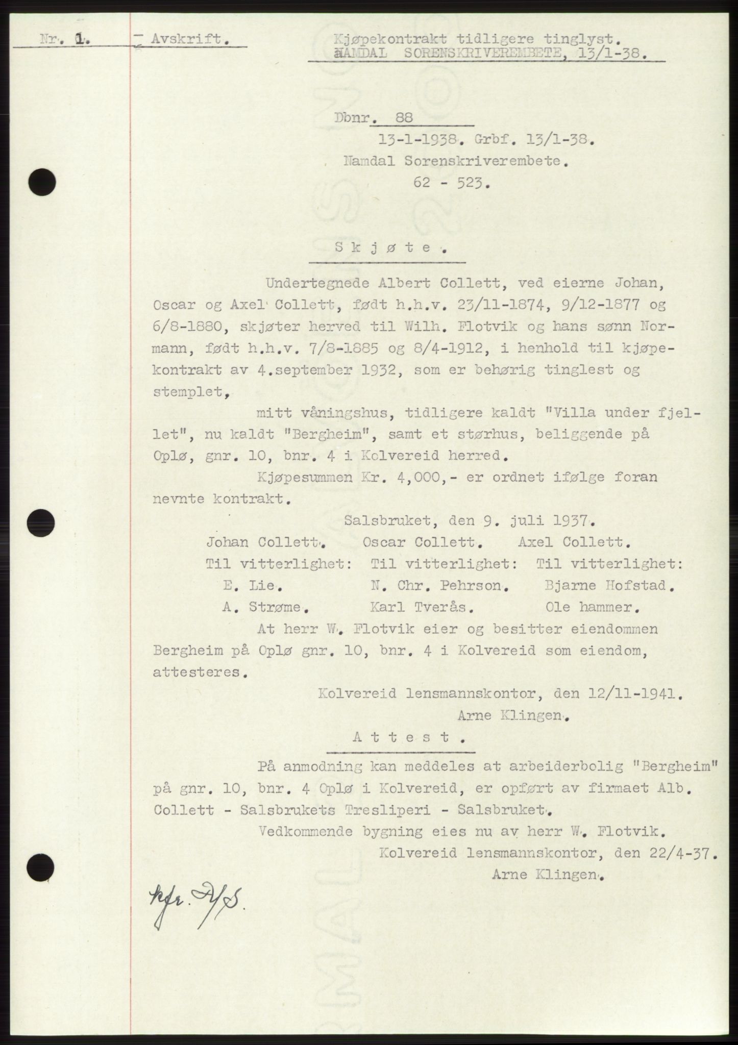 Namdal sorenskriveri, SAT/A-4133/1/2/2C: Pantebok nr. -, 1937-1939, Tingl.dato: 13.01.1938