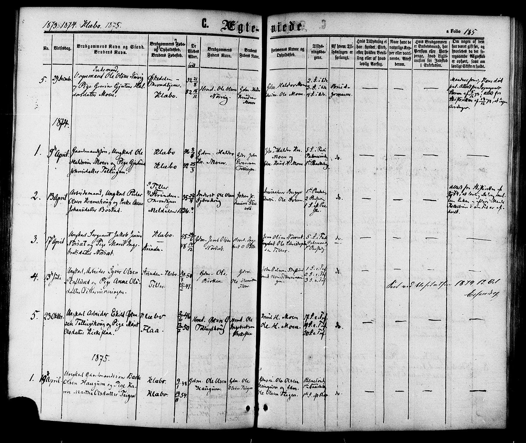 Ministerialprotokoller, klokkerbøker og fødselsregistre - Sør-Trøndelag, SAT/A-1456/618/L0442: Ministerialbok nr. 618A06 /1, 1863-1879, s. 185