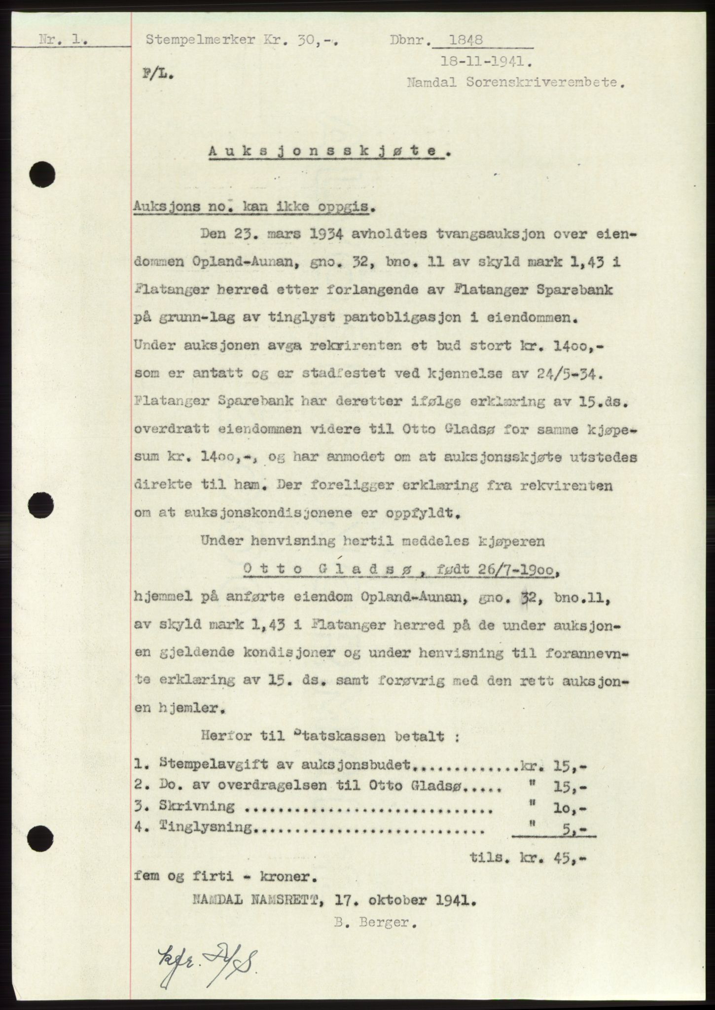 Namdal sorenskriveri, SAT/A-4133/1/2/2C: Pantebok nr. -, 1941-1942, Dagboknr: 1848/1941