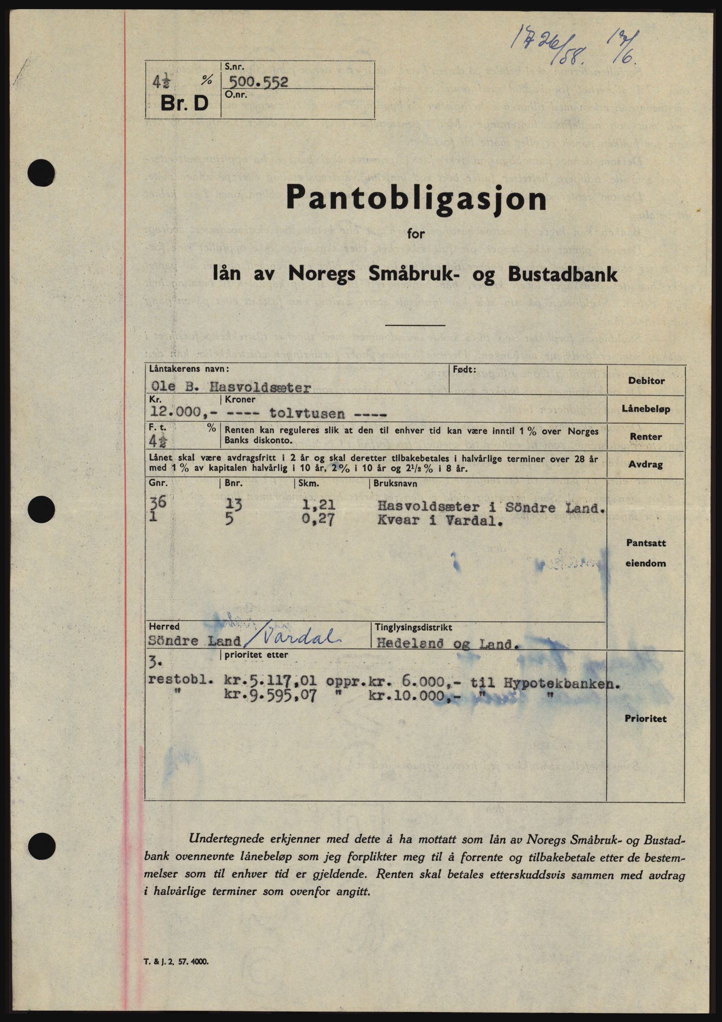 Hadeland og Land tingrett, SAH/TING-010/H/Hb/Hbc/L0038: Pantebok nr. B38, 1958-1958, Dagboknr: 1726/1958
