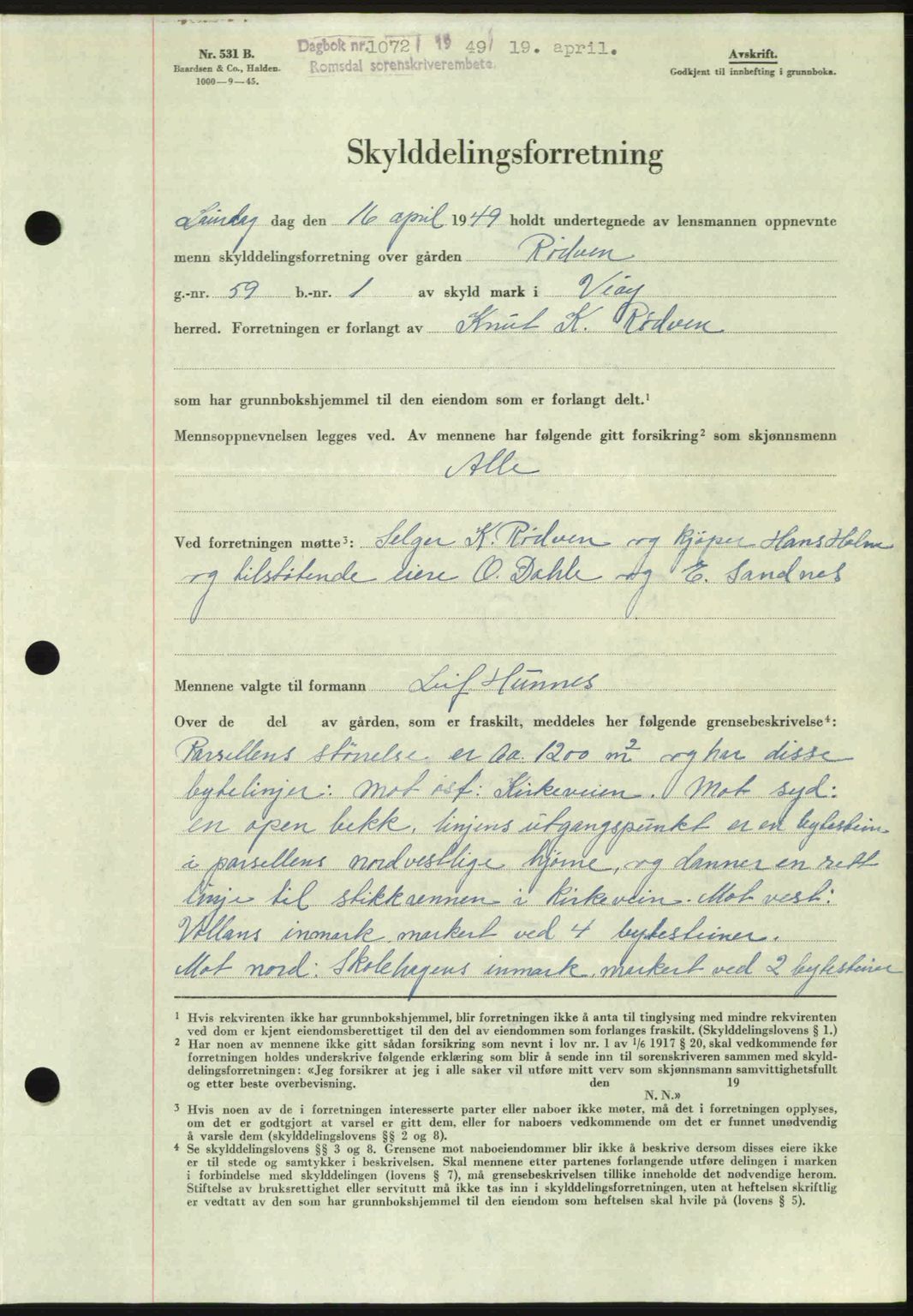 Romsdal sorenskriveri, AV/SAT-A-4149/1/2/2C: Pantebok nr. A29, 1949-1949, Dagboknr: 1072/1949