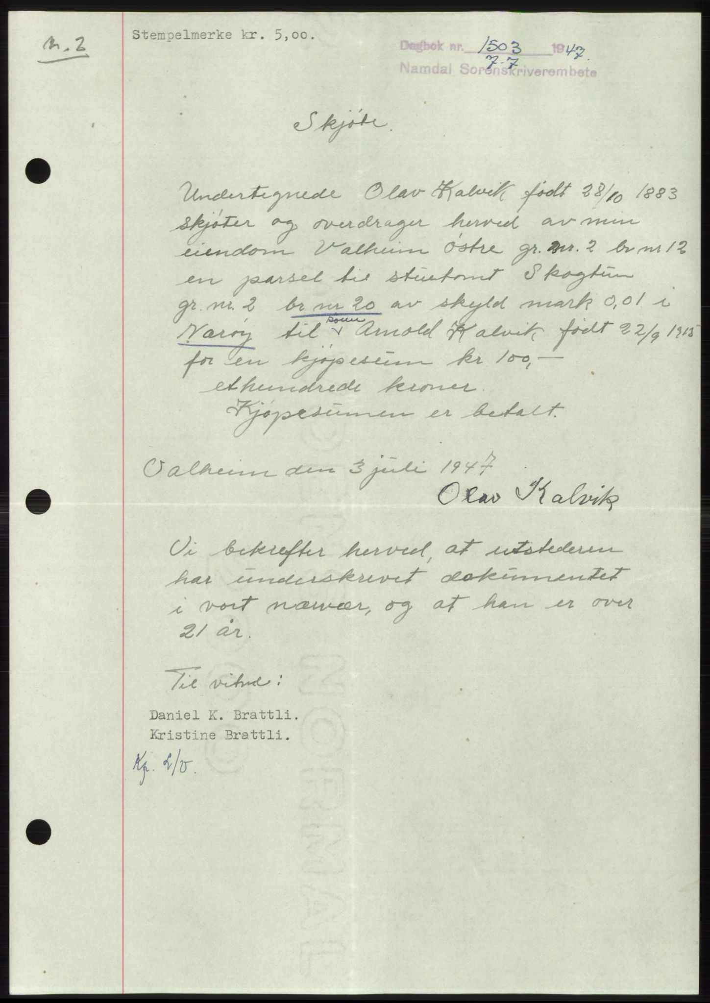 Namdal sorenskriveri, SAT/A-4133/1/2/2C: Pantebok nr. -, 1947-1947, Dagboknr: 1503/1947