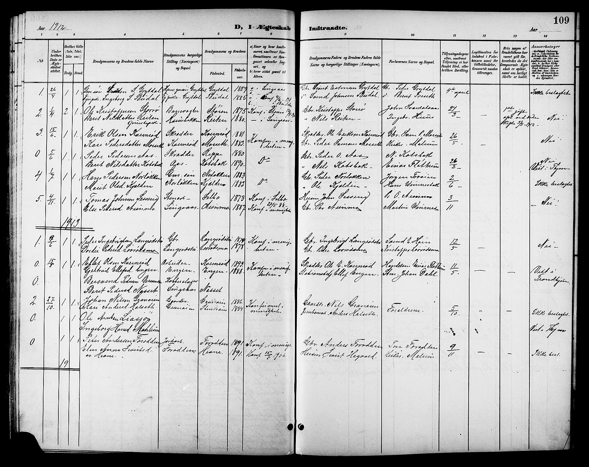 Ministerialprotokoller, klokkerbøker og fødselsregistre - Sør-Trøndelag, SAT/A-1456/688/L1029: Klokkerbok nr. 688C04, 1899-1915, s. 109