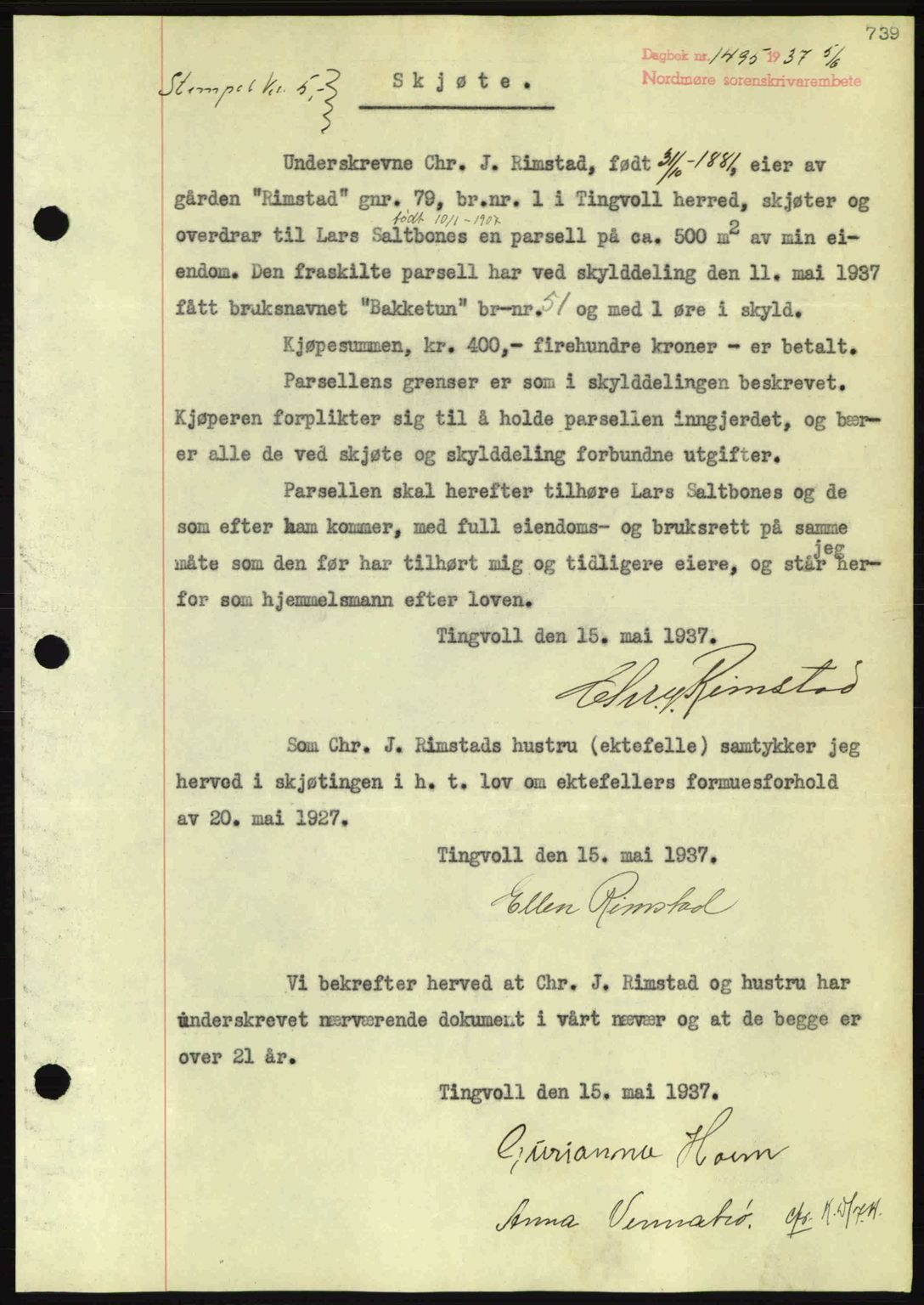 Nordmøre sorenskriveri, SAT/A-4132/1/2/2Ca: Pantebok nr. A81, 1937-1937, Dagboknr: 1495/1937