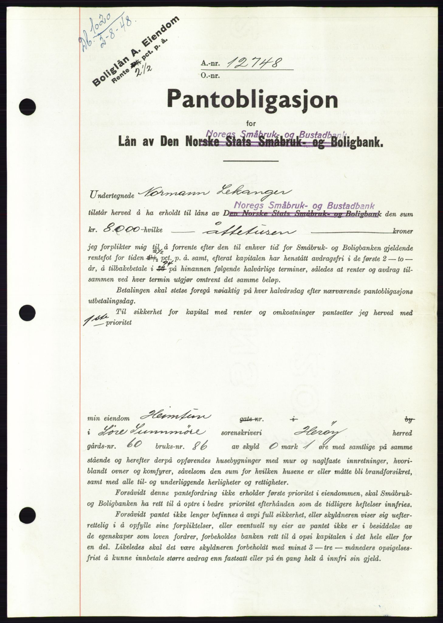 Søre Sunnmøre sorenskriveri, AV/SAT-A-4122/1/2/2C/L0116: Pantebok nr. 4B, 1948-1949, Dagboknr: 1020/1948