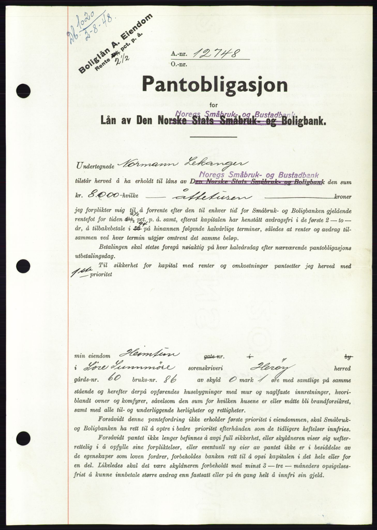 Søre Sunnmøre sorenskriveri, SAT/A-4122/1/2/2C/L0116: Pantebok nr. 4B, 1948-1949, Dagboknr: 1020/1948