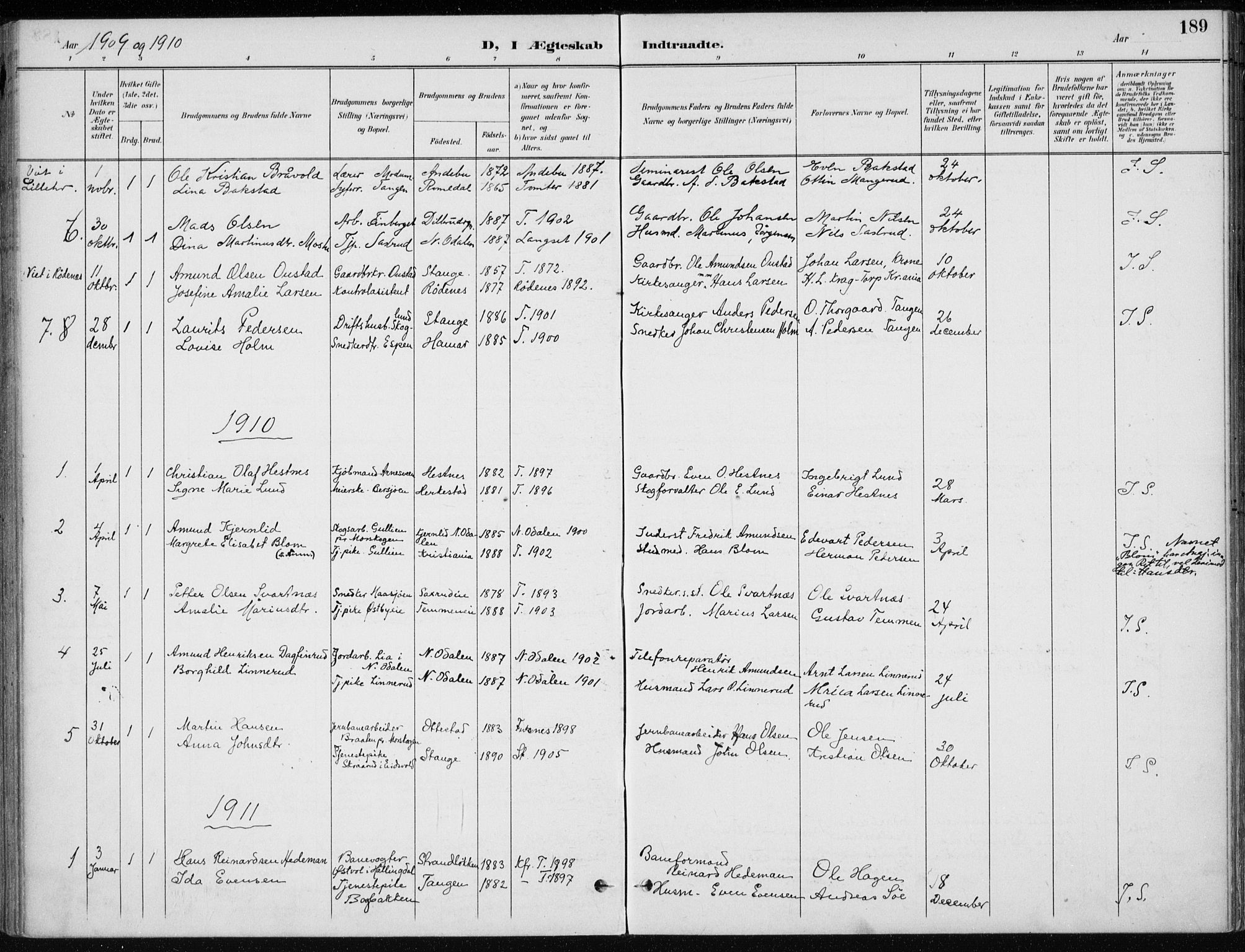 Stange prestekontor, SAH/PREST-002/K/L0023: Ministerialbok nr. 23, 1897-1920, s. 189