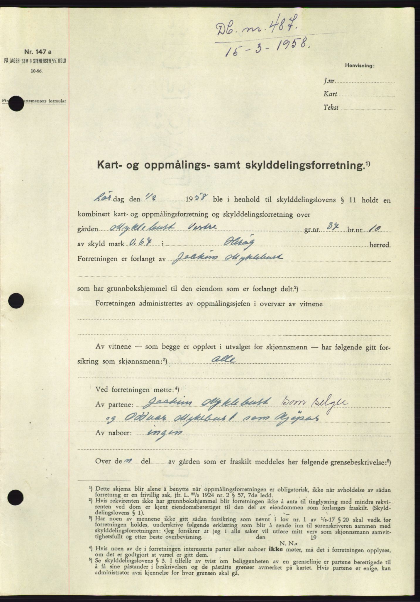 Søre Sunnmøre sorenskriveri, SAT/A-4122/1/2/2C/L0109: Pantebok nr. 35A, 1958-1958, Dagboknr: 487/1958