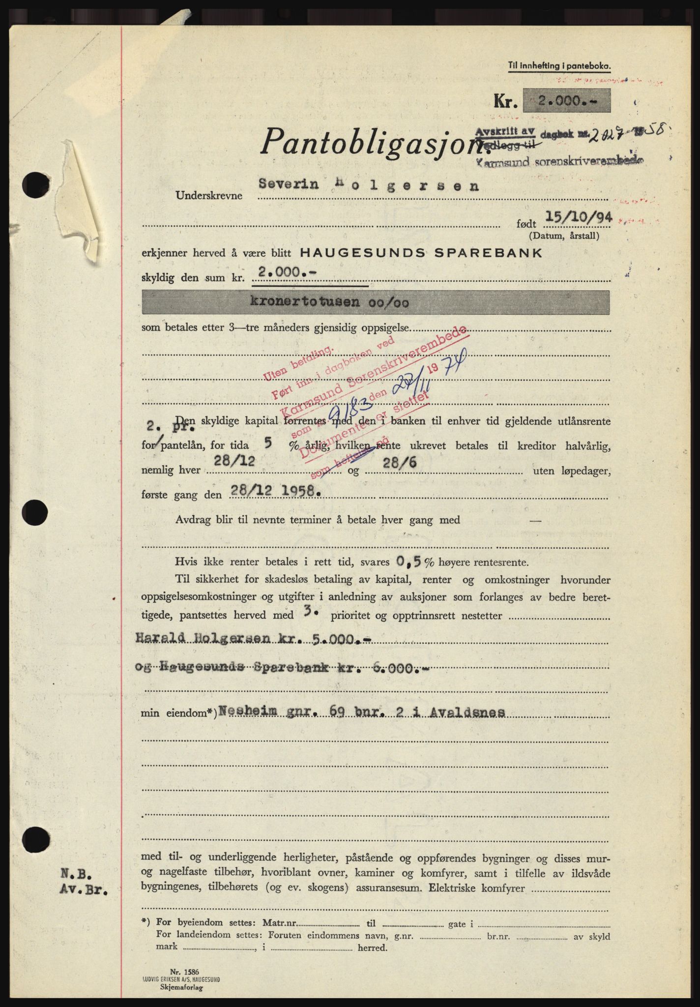 Karmsund sorenskriveri, AV/SAST-A-100311/01/II/IIBBE/L0041: Pantebok nr. B 87, 1958-1958, Dagboknr: 2027/1958