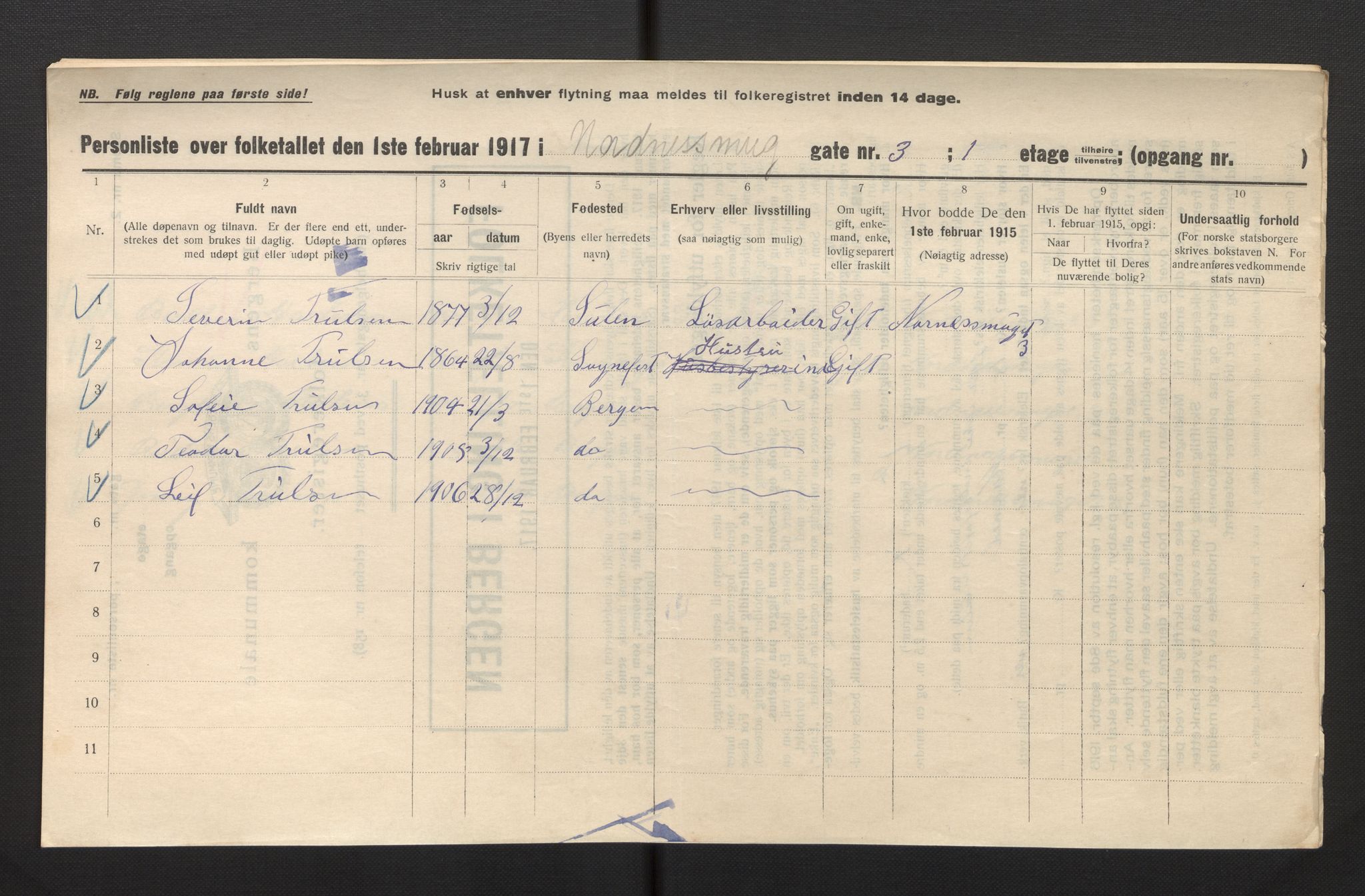 SAB, Kommunal folketelling 1917 for Bergen kjøpstad, 1917, s. 26657