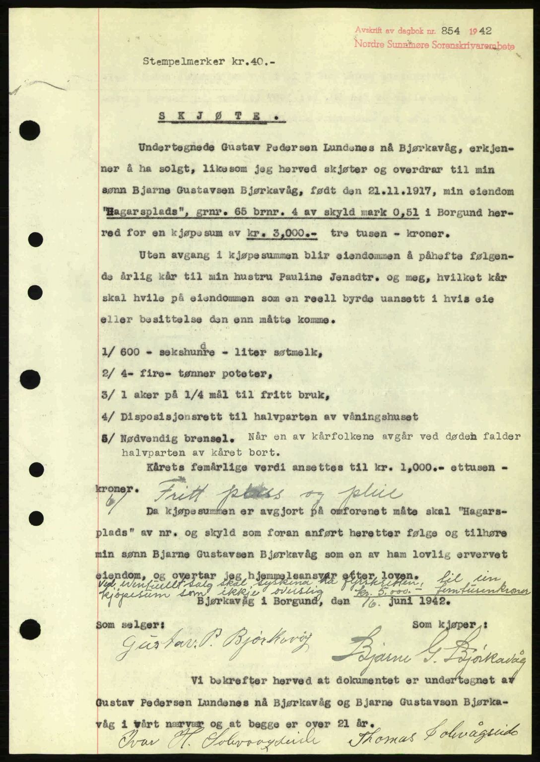 Nordre Sunnmøre sorenskriveri, AV/SAT-A-0006/1/2/2C/2Ca: Pantebok nr. A13, 1942-1942, Dagboknr: 854/1942