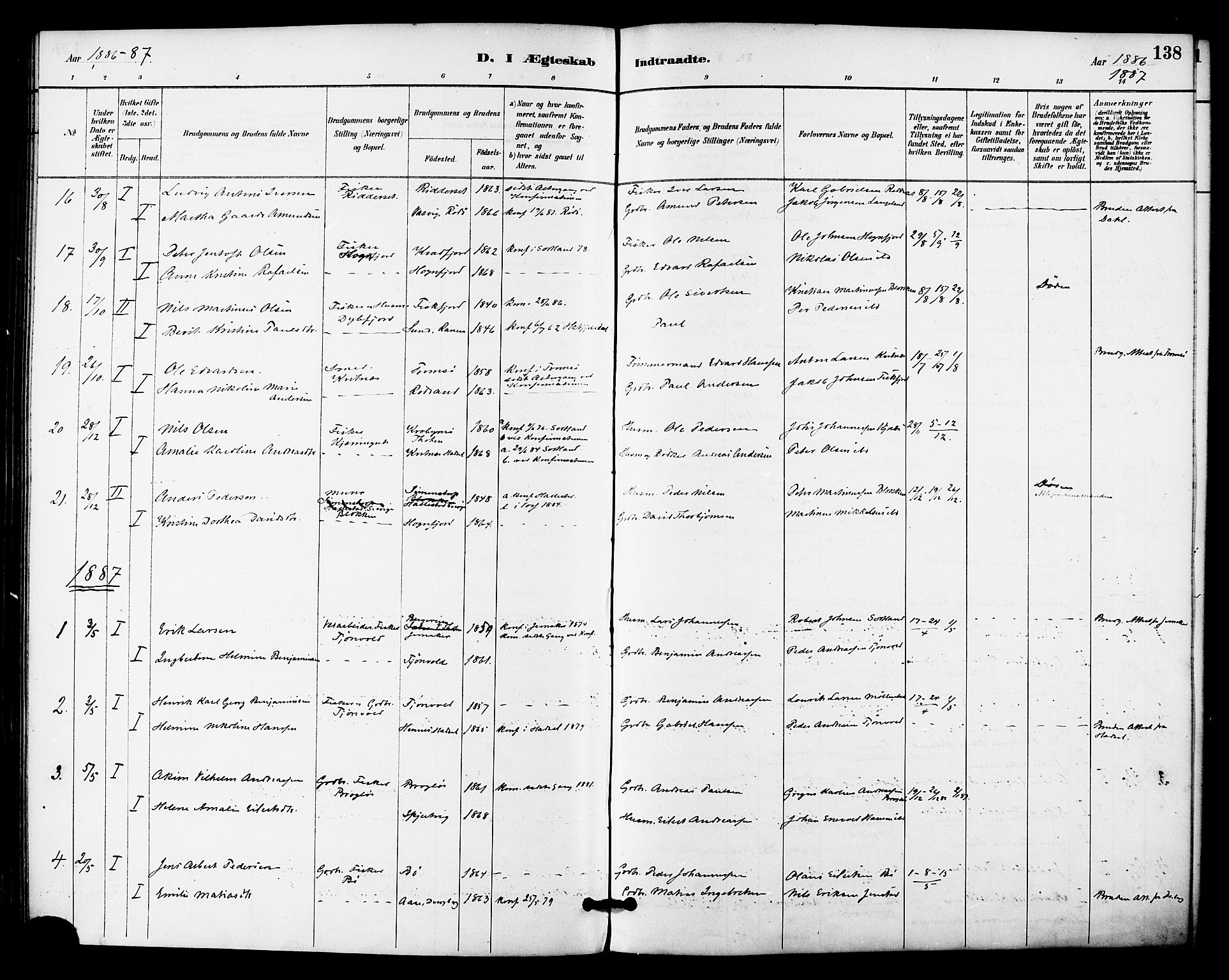 Ministerialprotokoller, klokkerbøker og fødselsregistre - Nordland, SAT/A-1459/895/L1371: Ministerialbok nr. 895A06, 1885-1894, s. 138
