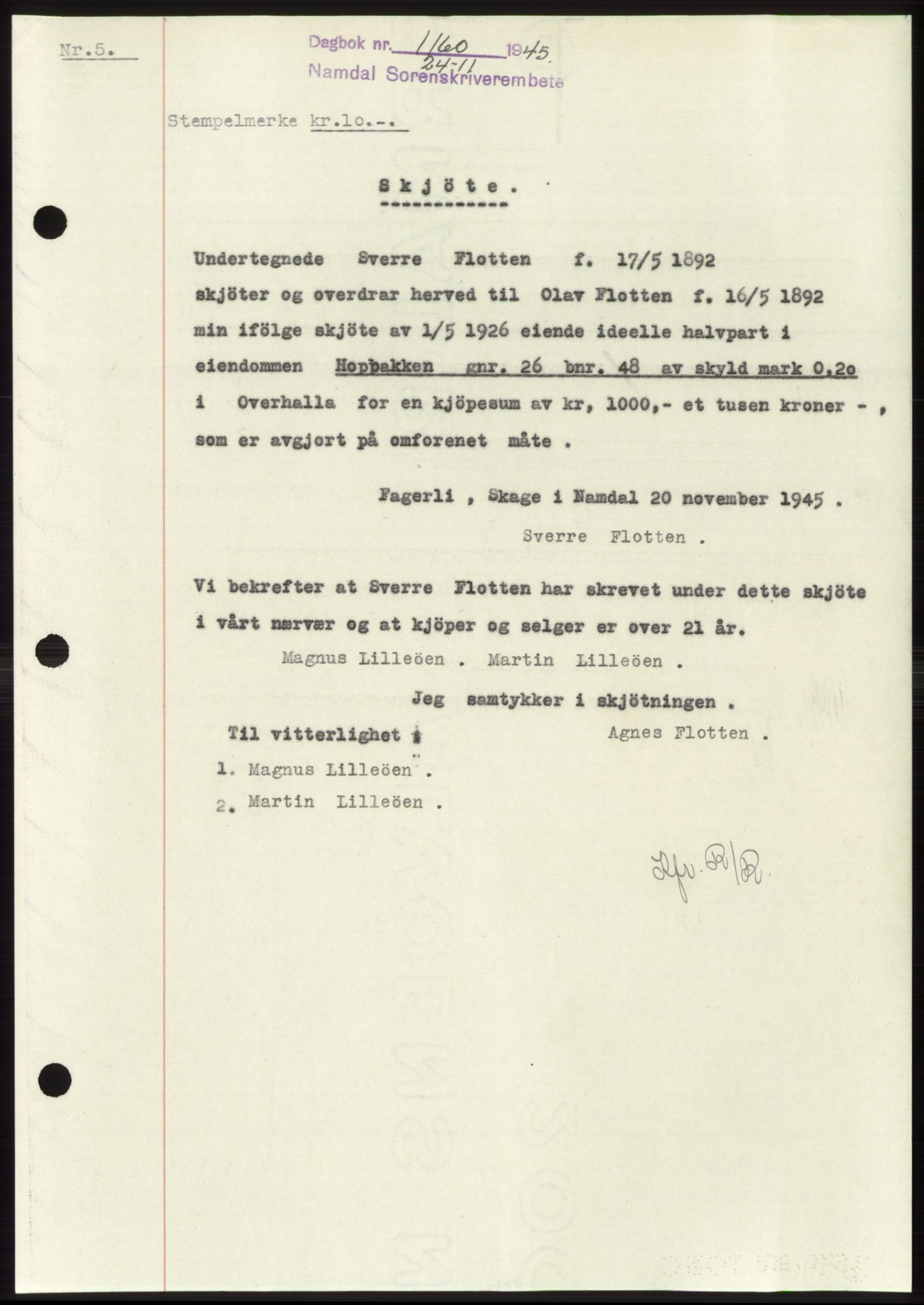 Namdal sorenskriveri, SAT/A-4133/1/2/2C: Pantebok nr. -, 1944-1945, Dagboknr: 1160/1945