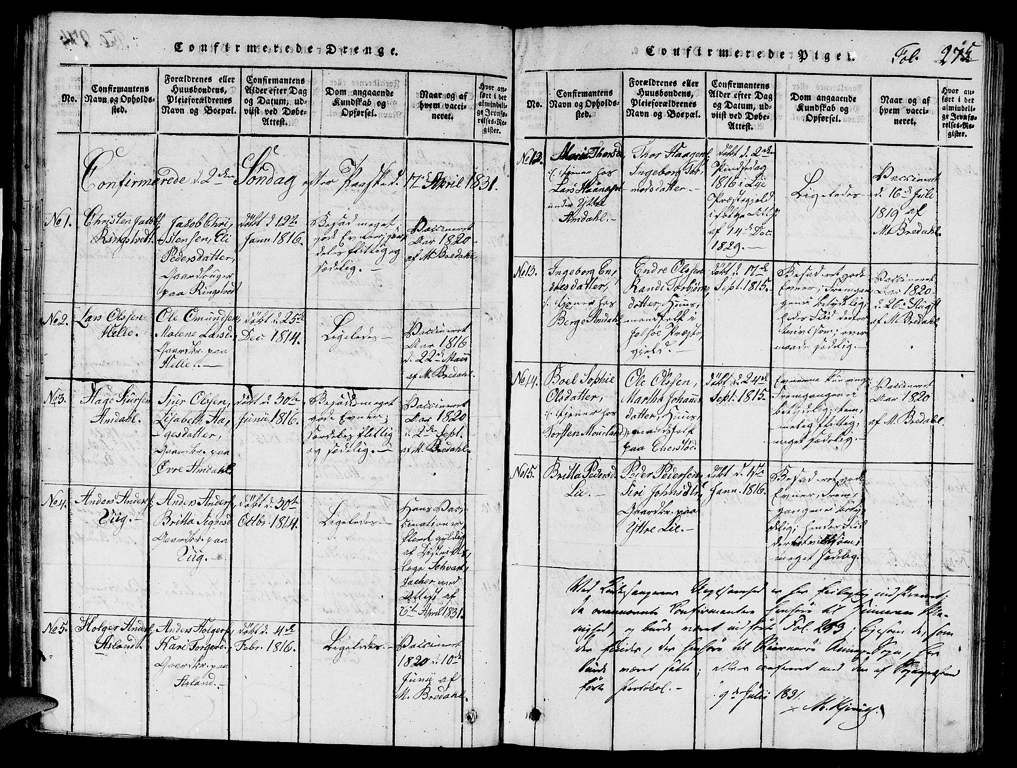 Nedstrand sokneprestkontor, AV/SAST-A-101841/01/V: Klokkerbok nr. B 1 /2, 1816-1847, s. 275