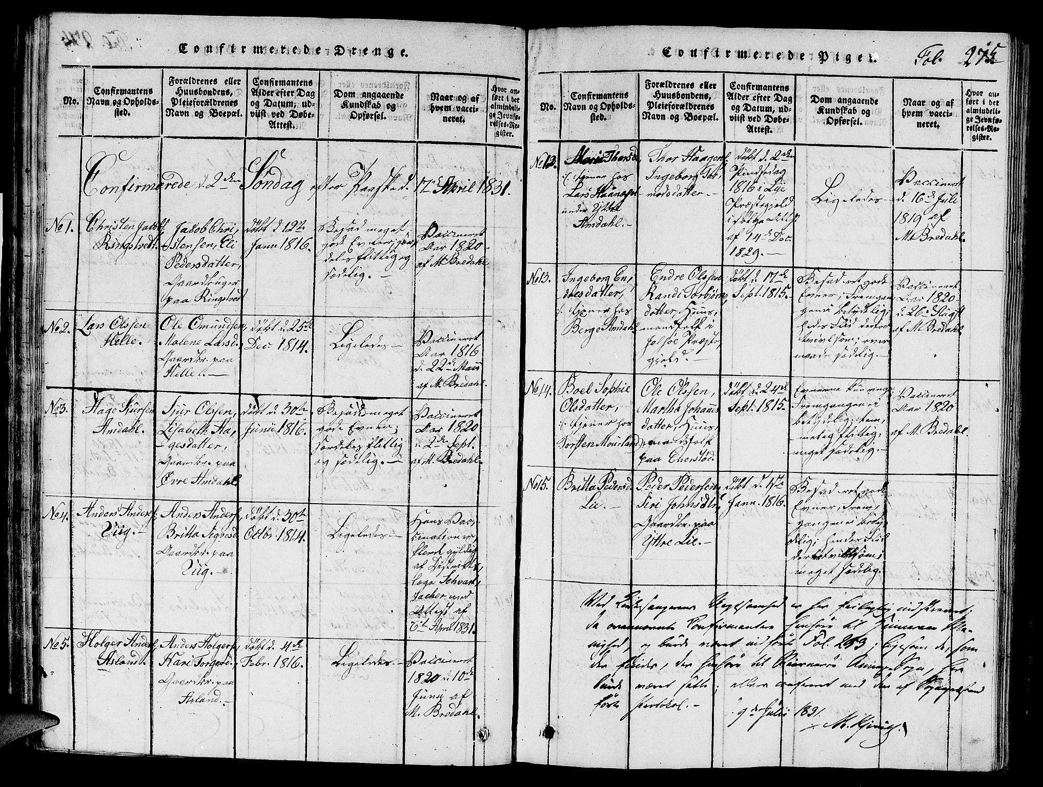 Nedstrand sokneprestkontor, SAST/A-101841/01/V: Klokkerbok nr. B 1 /2, 1816-1847, s. 275