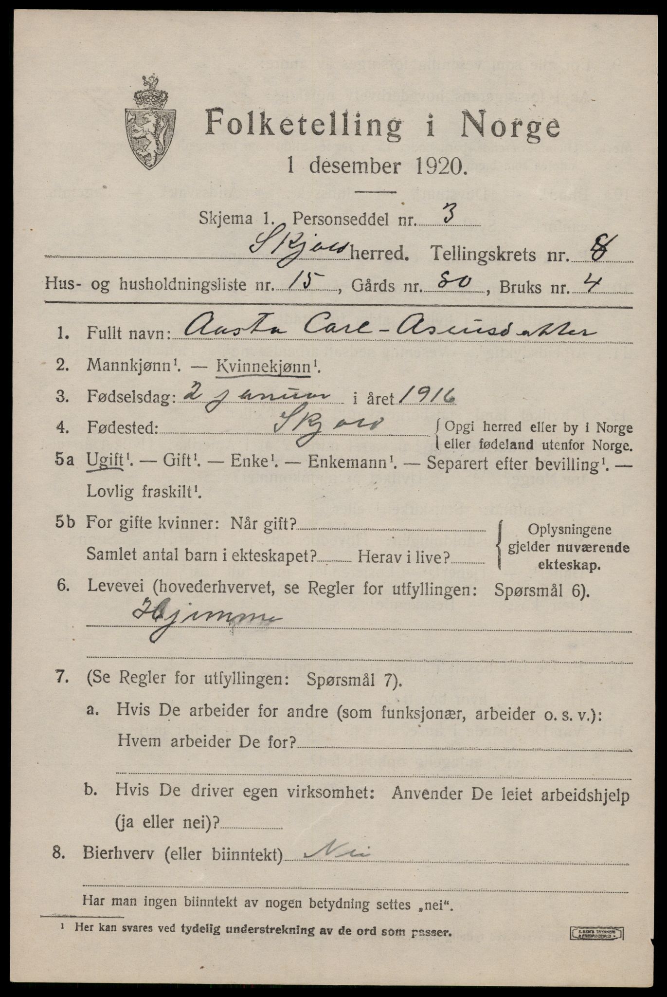 SAST, Folketelling 1920 for 1154 Skjold herred, 1920, s. 4330