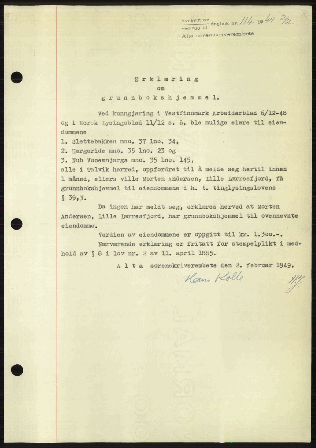 Alta fogderi/sorenskriveri, SATØ/SATØ-5/1/K/Kd/L0037pantebok: Pantebok nr. 39-40, 1948-1949, Dagboknr: 114/1949