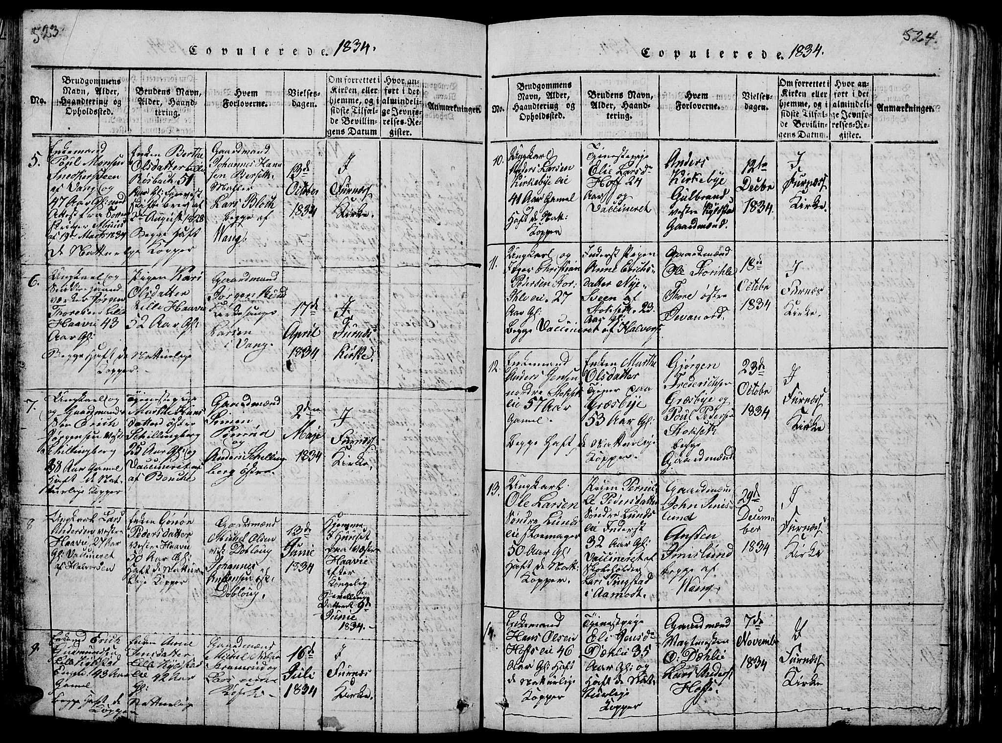 Vang prestekontor, Hedmark, AV/SAH-PREST-008/H/Ha/Hab/L0005: Klokkerbok nr. 5, 1815-1836, s. 523-524