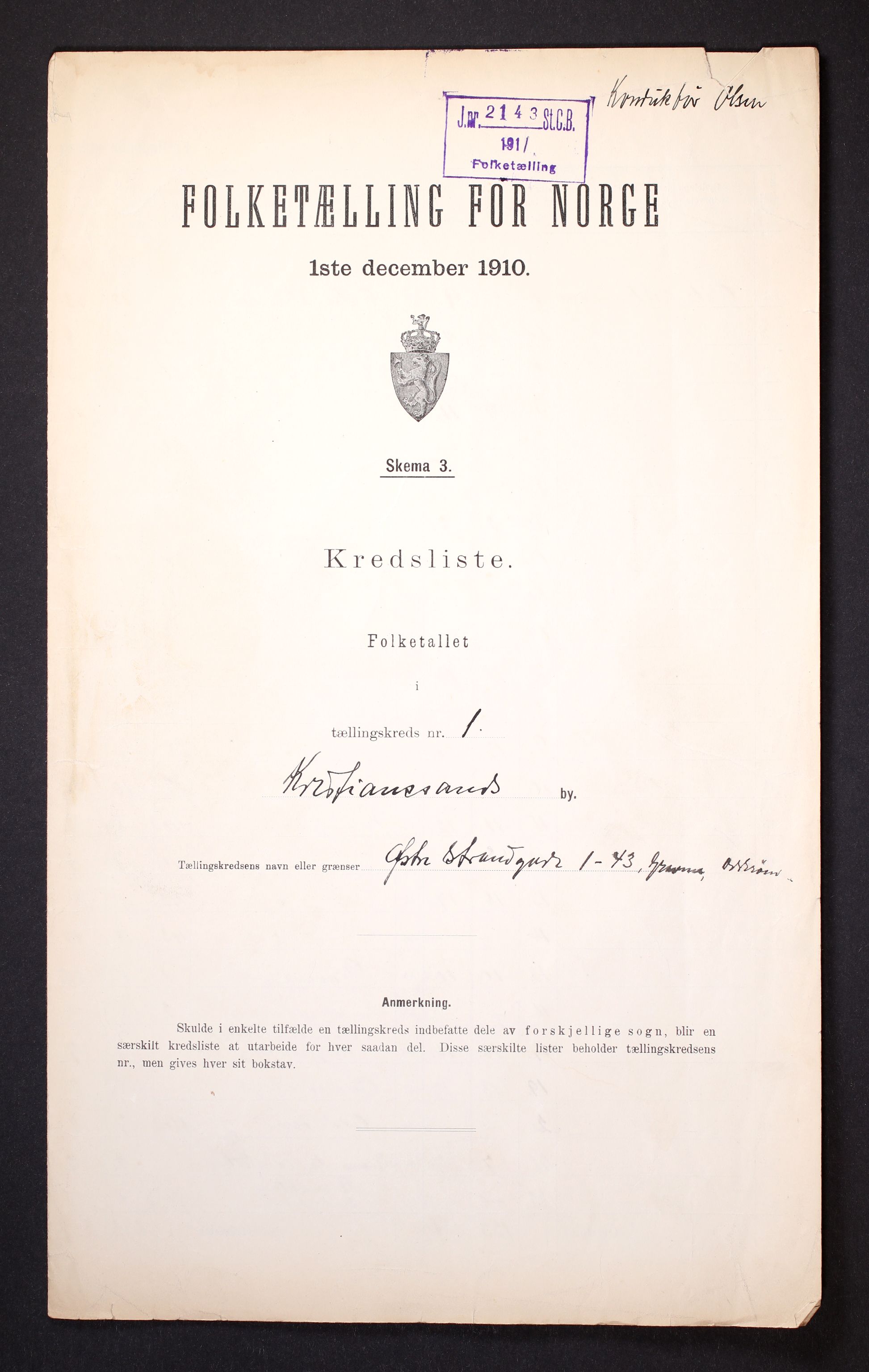 RA, Folketelling 1910 for 1001 Kristiansand kjøpstad, 1910, s. 5