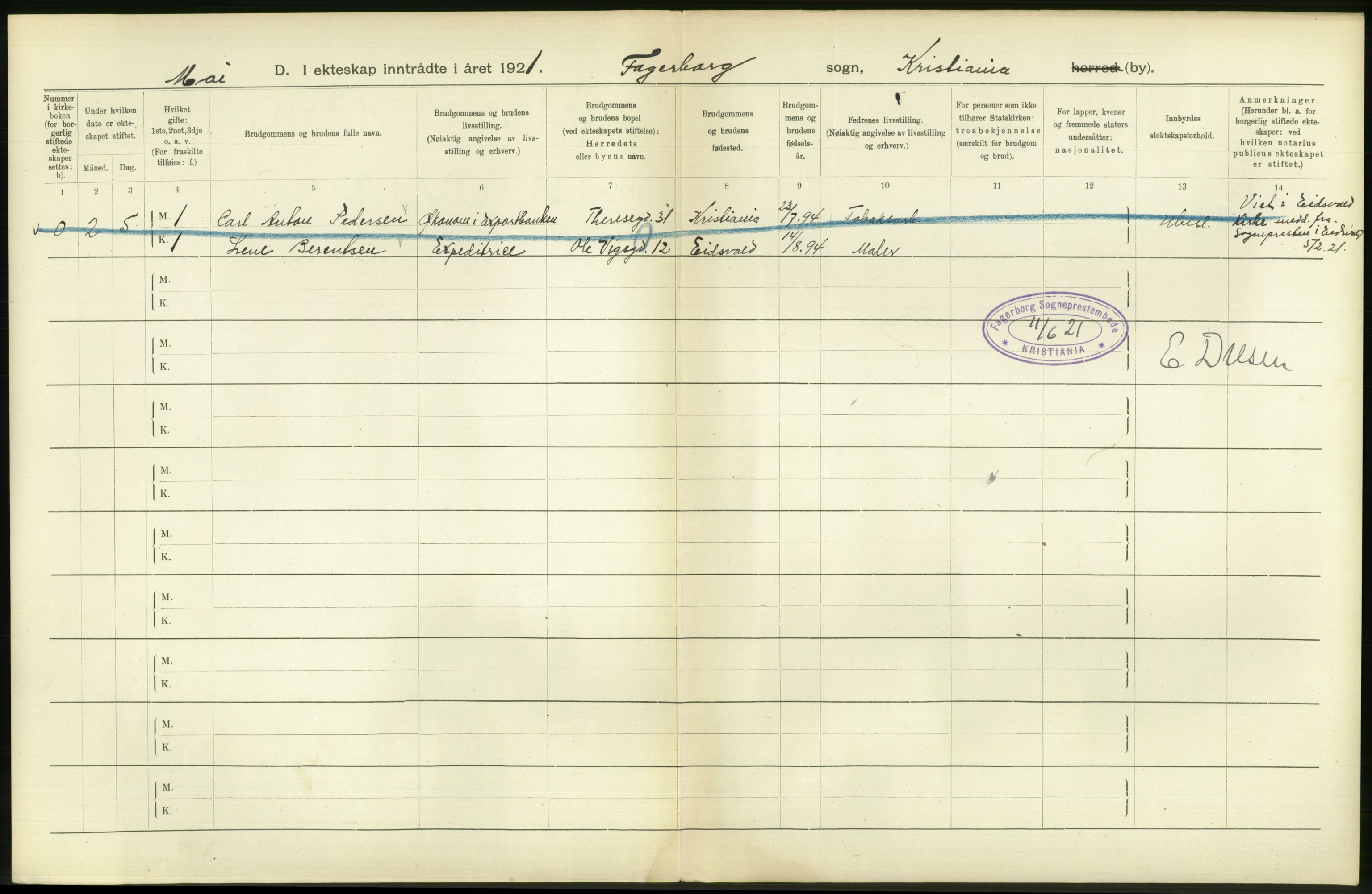 Statistisk sentralbyrå, Sosiodemografiske emner, Befolkning, AV/RA-S-2228/D/Df/Dfc/Dfca/L0011: Kristiania: Gifte, 1921, s. 270