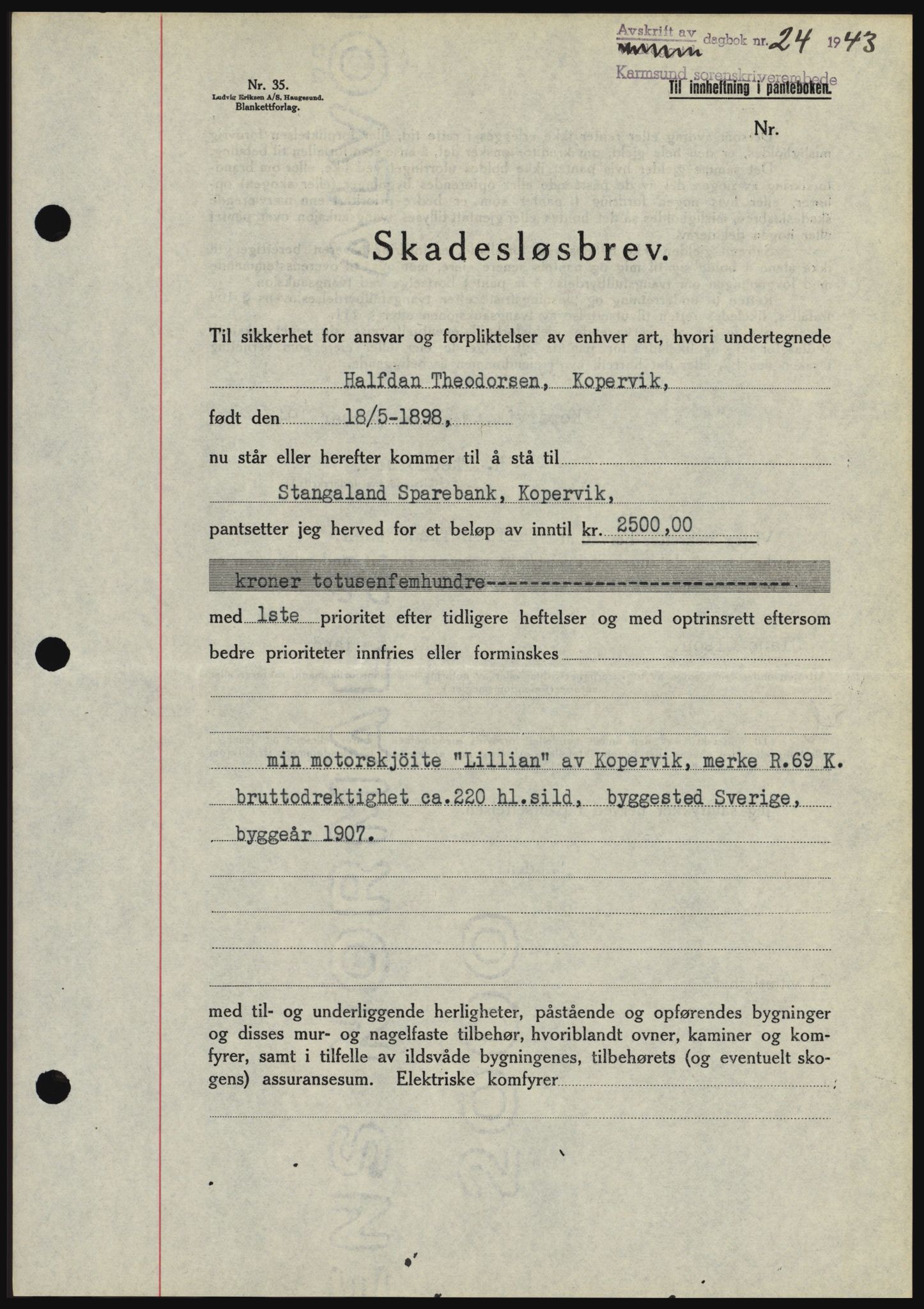 Karmsund sorenskriveri, SAST/A-100311/01/II/IIBBE/L0008: Pantebok nr. B 54, 1942-1943, Dagboknr: 24/1943