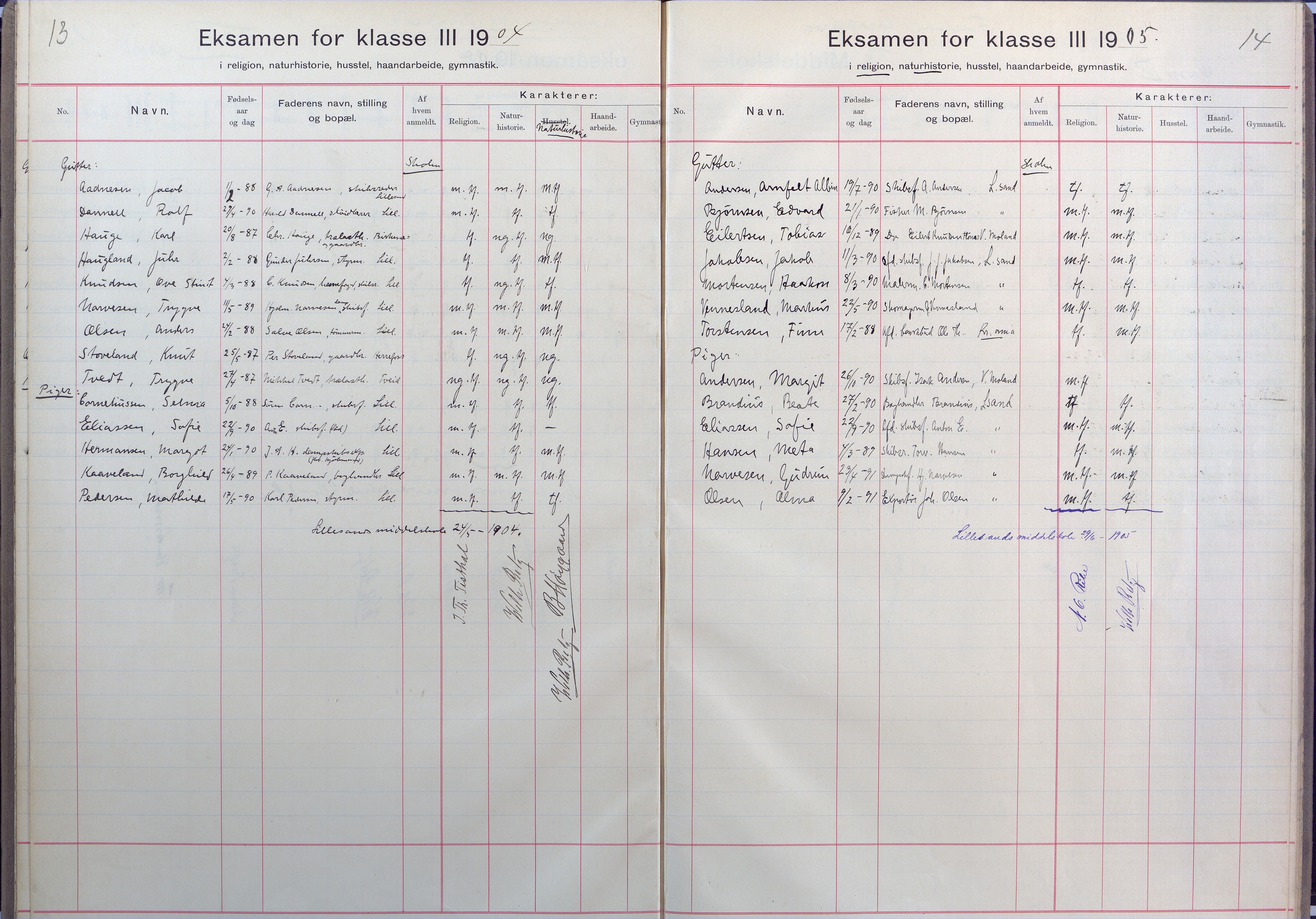 Lillesand kommune, AAKS/KA0926-PK/2/03/L0025: Lillesand Communale Middelskole - Eksamensprotokoll for Lillesands komm. Middelskolen. Forhåndskarakterer 3. og 2. kl., 1901-1932, s. 13-14